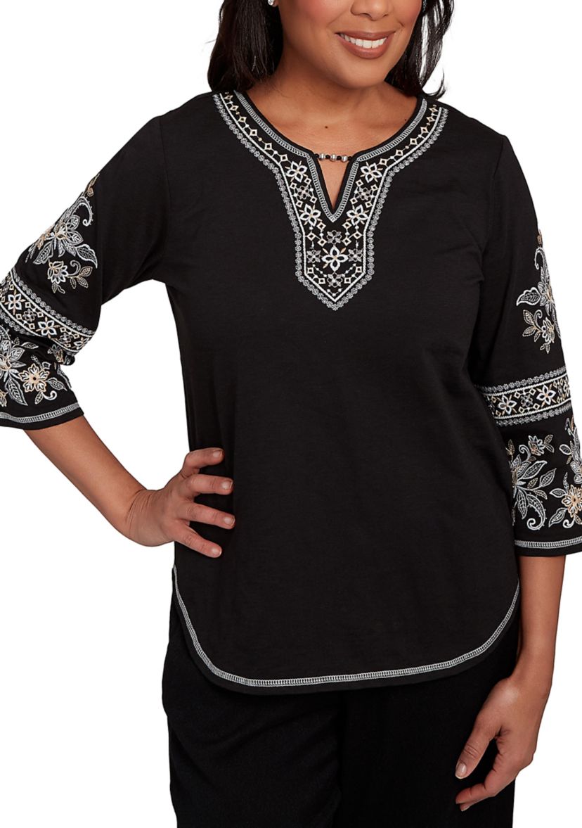 Womens Santa Barbara Embroidered Sleeves Top 