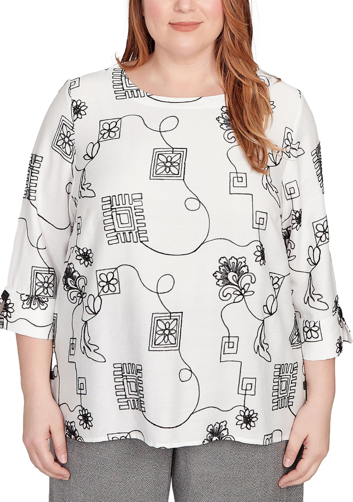 Plus Size Santa Barbara Geo Floral Soutache Embroidery Top 