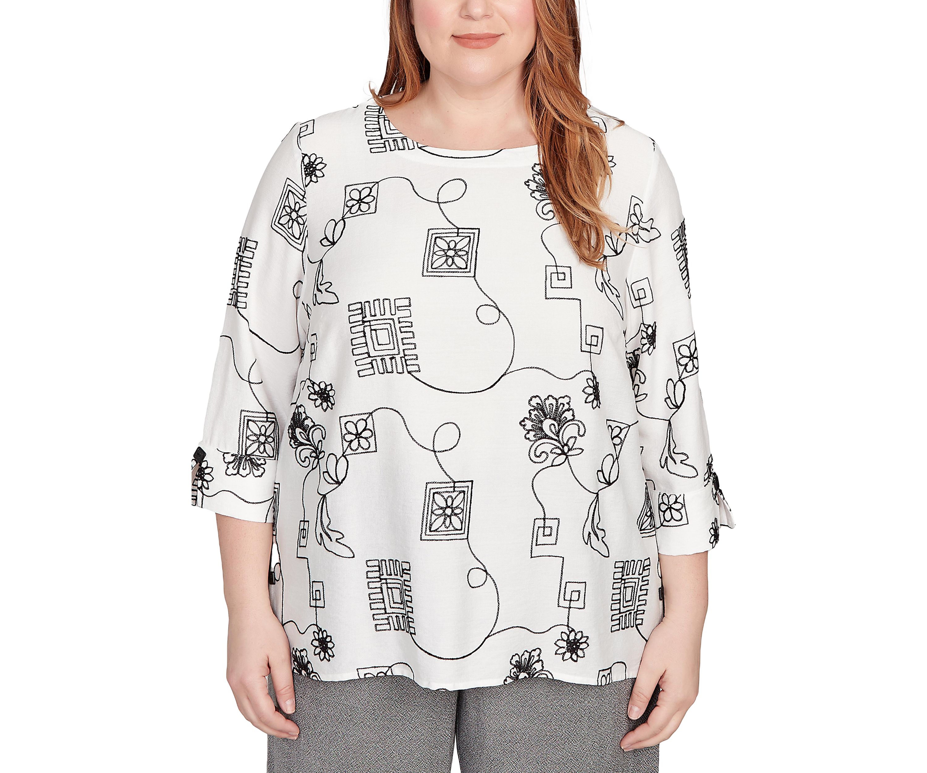 Plus Size Santa Barbara Geo Floral Soutache Embroidery Top 