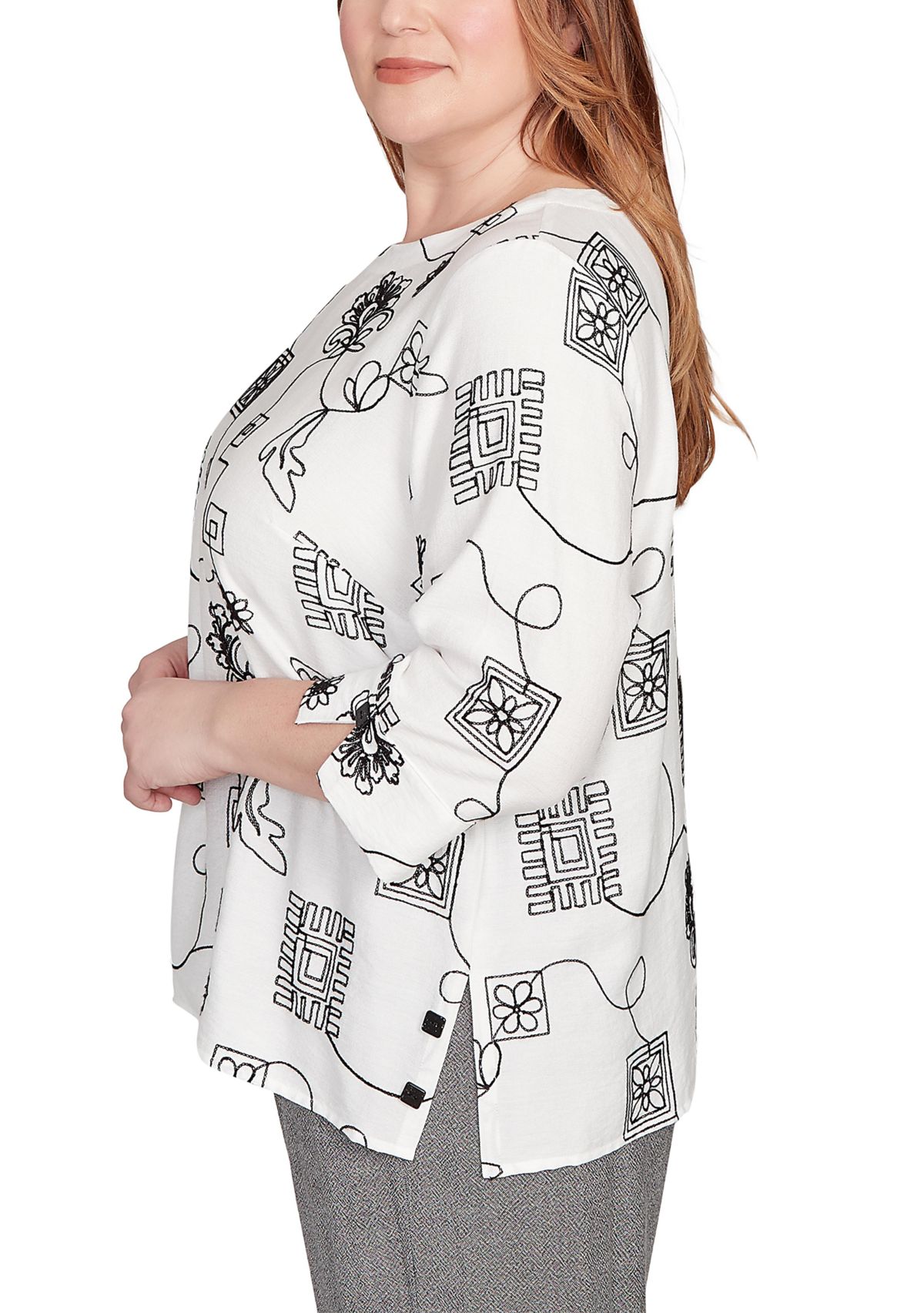 Plus Size Santa Barbara Geo Floral Soutache Embroidery Top 
