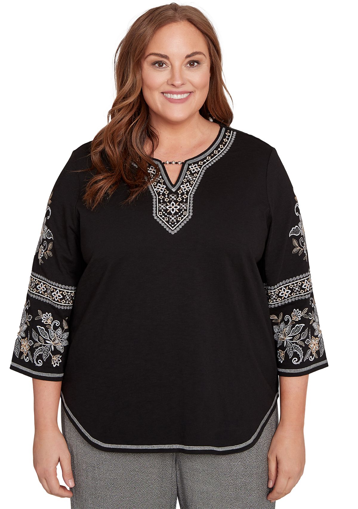 Plus Size Santa Barbara Embroidered Sleeves Top