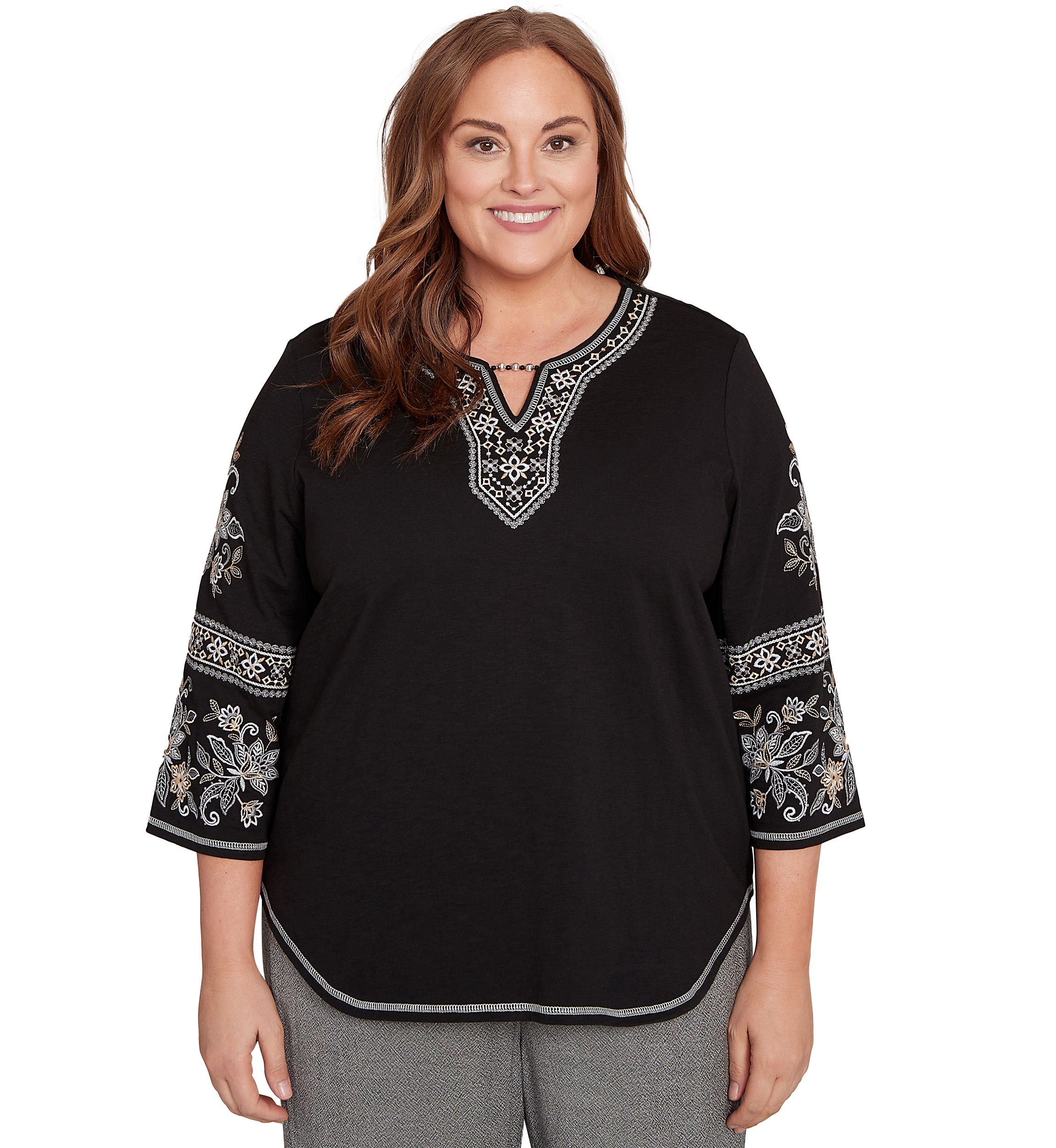 Plus Size Santa Barbara Embroidered Sleeves Top
