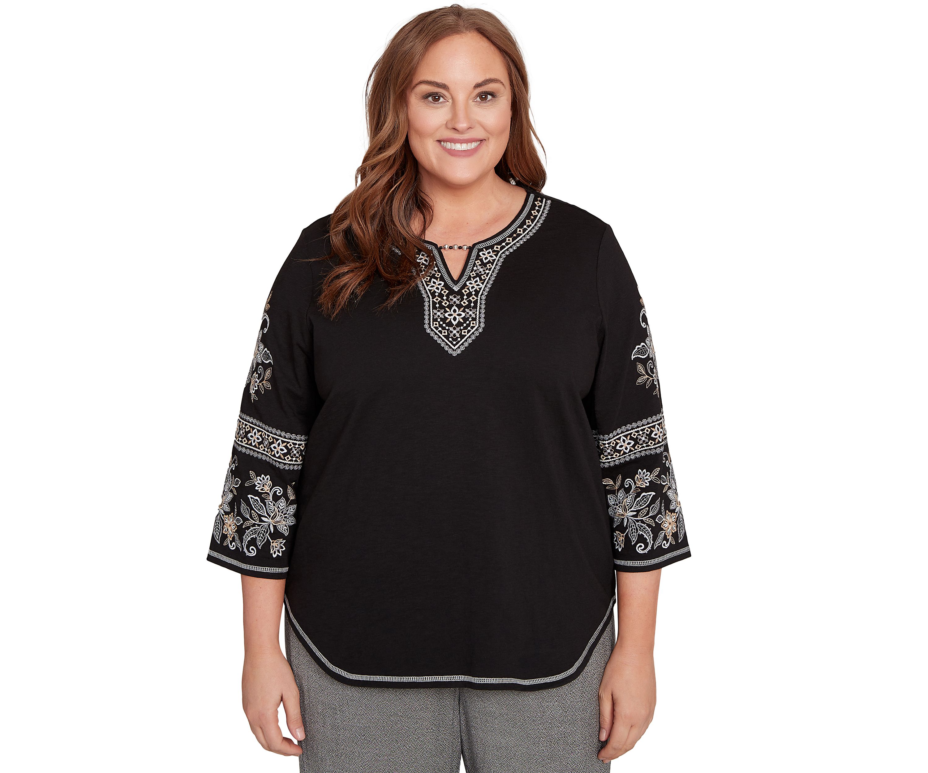 Plus Size Santa Barbara Embroidered Sleeves Top