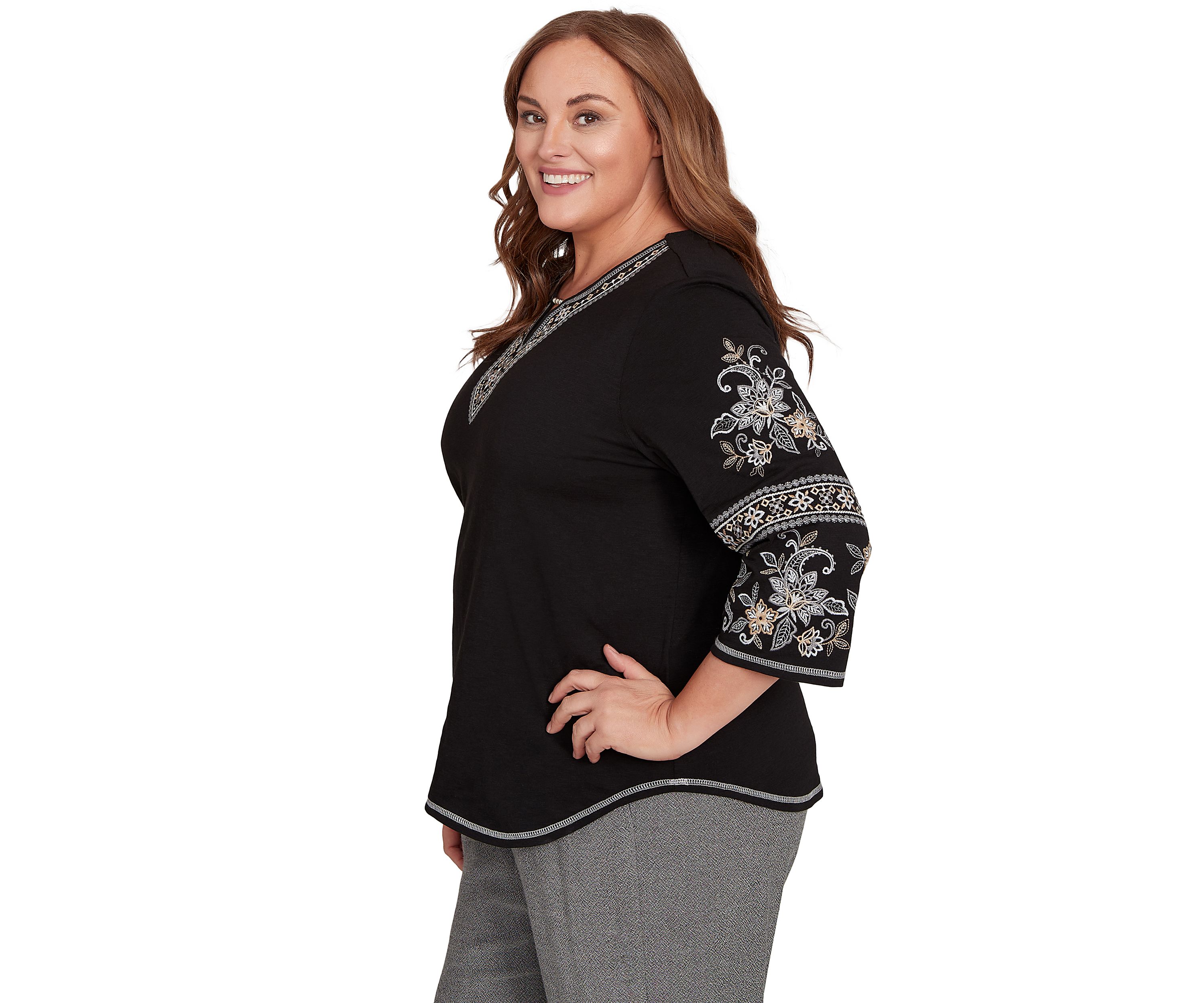 Plus Size Santa Barbara Embroidered Sleeves Top