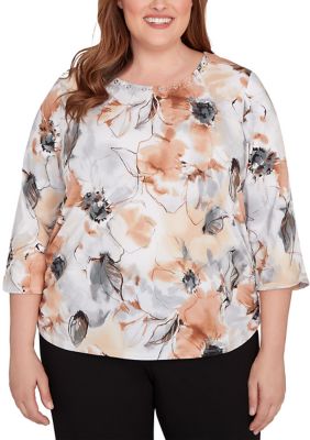 Alfred Dunner Women's Plus Size Santa Barbara Watercolor Floral Top, Tan, 3X
