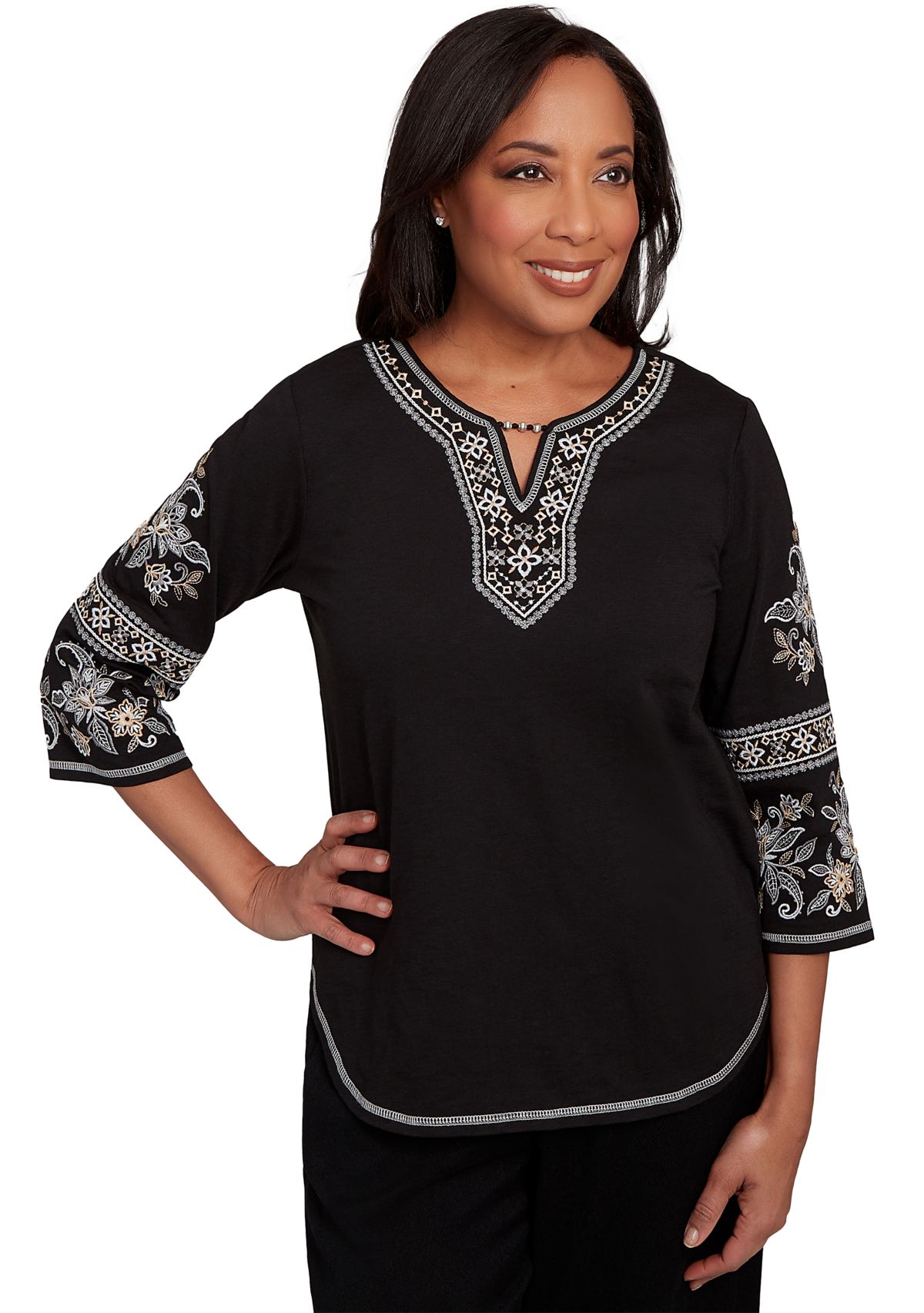 Petite Santa Barbara Embroidered Sleeves Top 