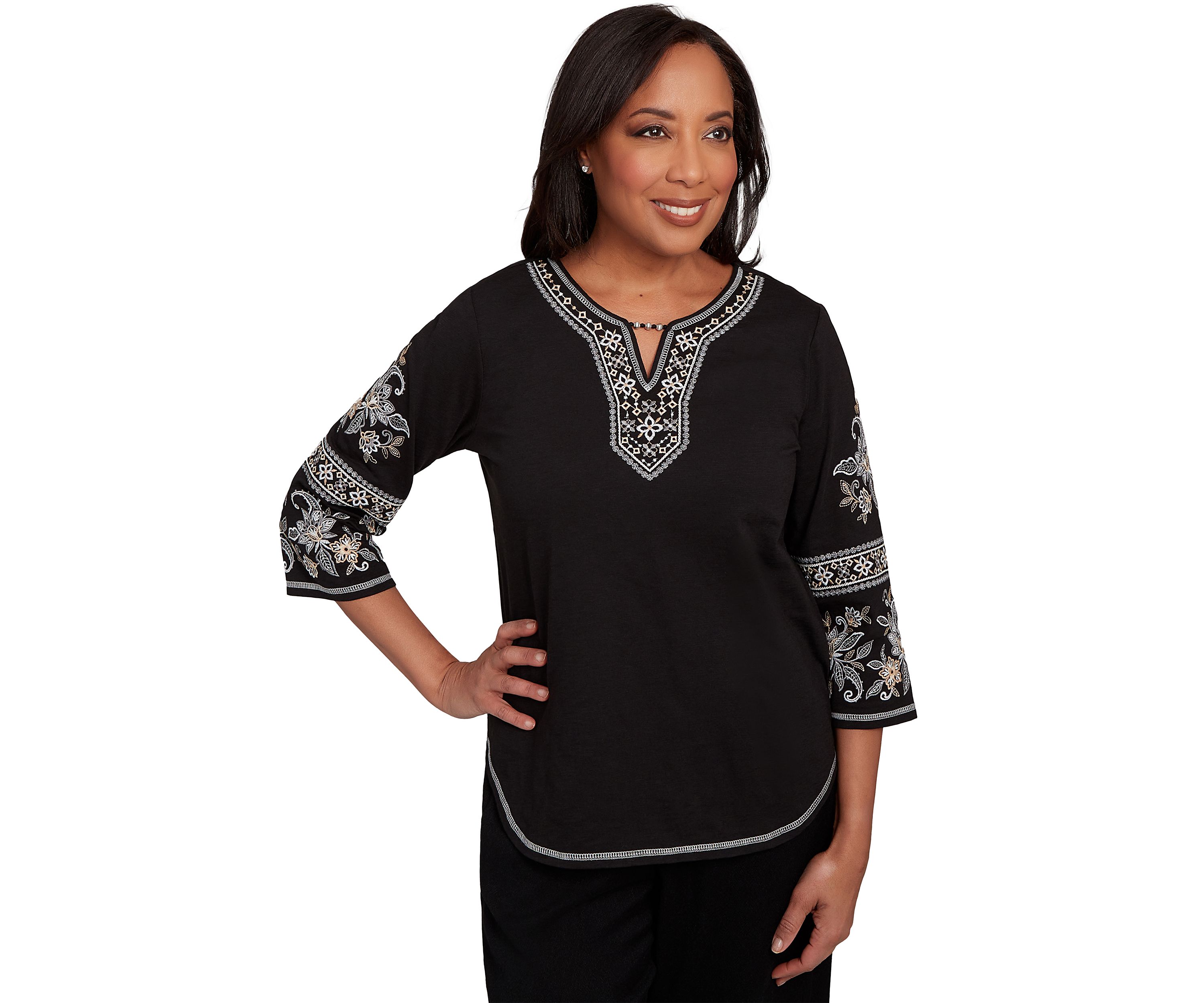 Petite Santa Barbara Embroidered Sleeves Top 