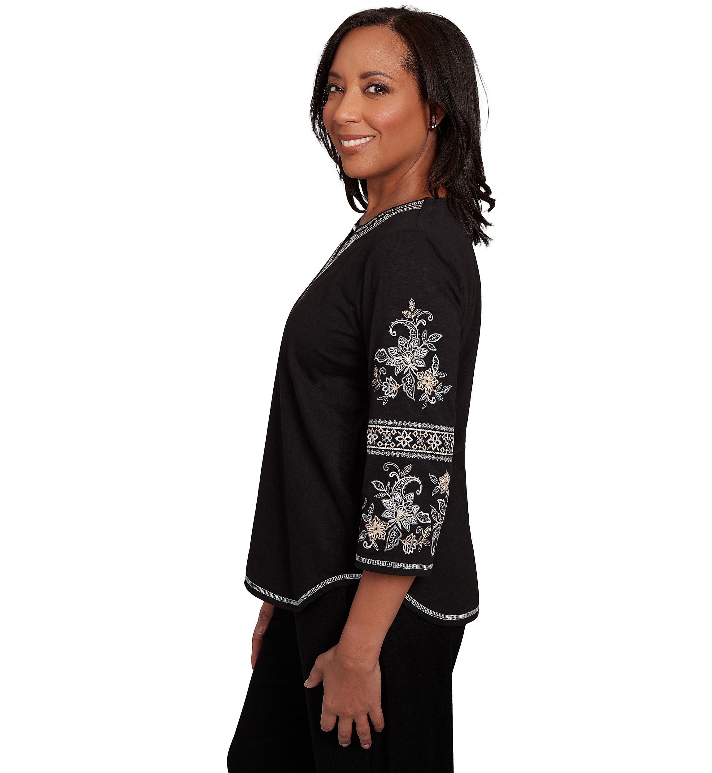 Petite Santa Barbara Embroidered Sleeves Top 
