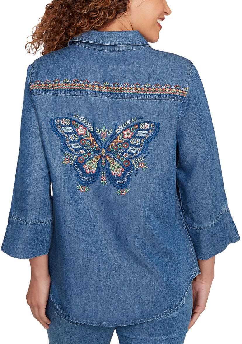 Womens El Paso Butterfly Back Embroidered Tencel Top