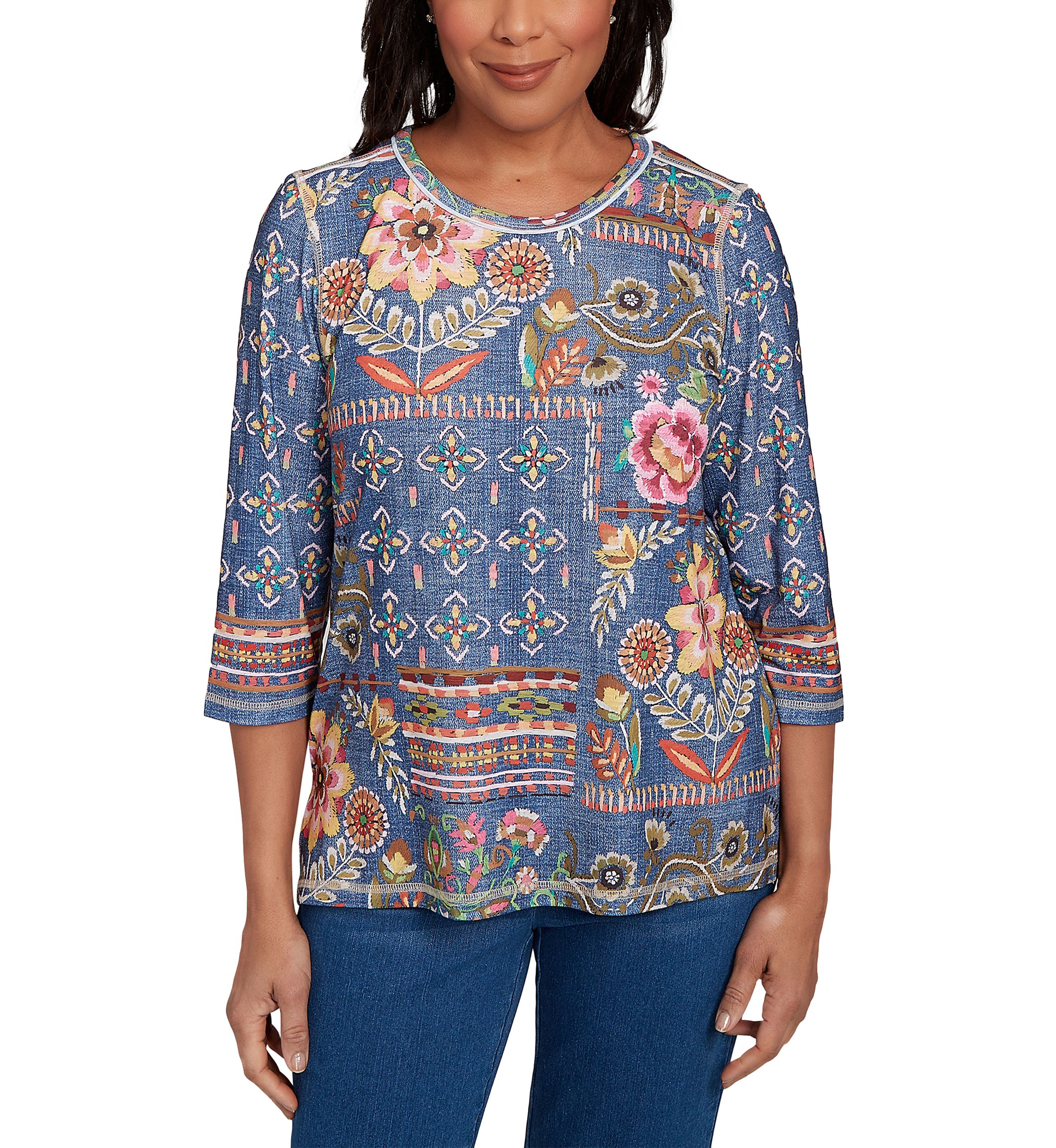 Womens El Paso Denim Floral Patch Top
