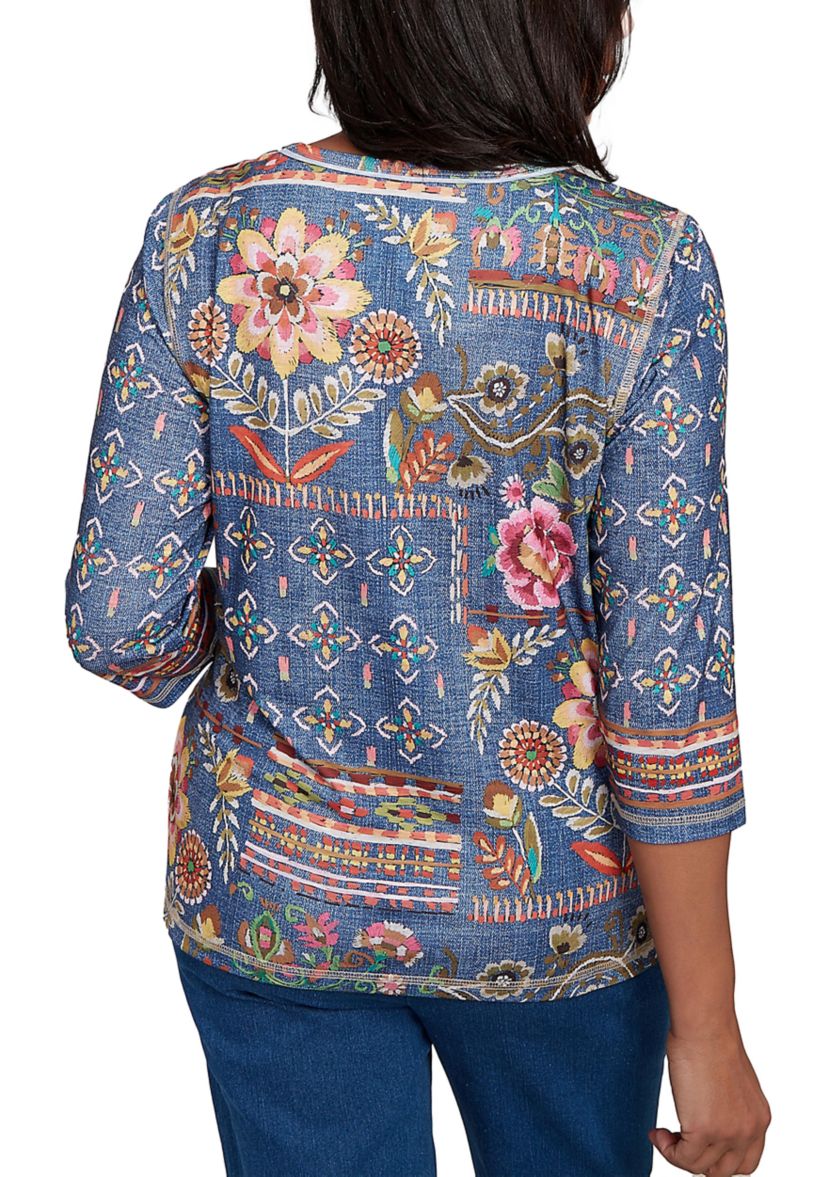 Womens El Paso Denim Floral Patch Top