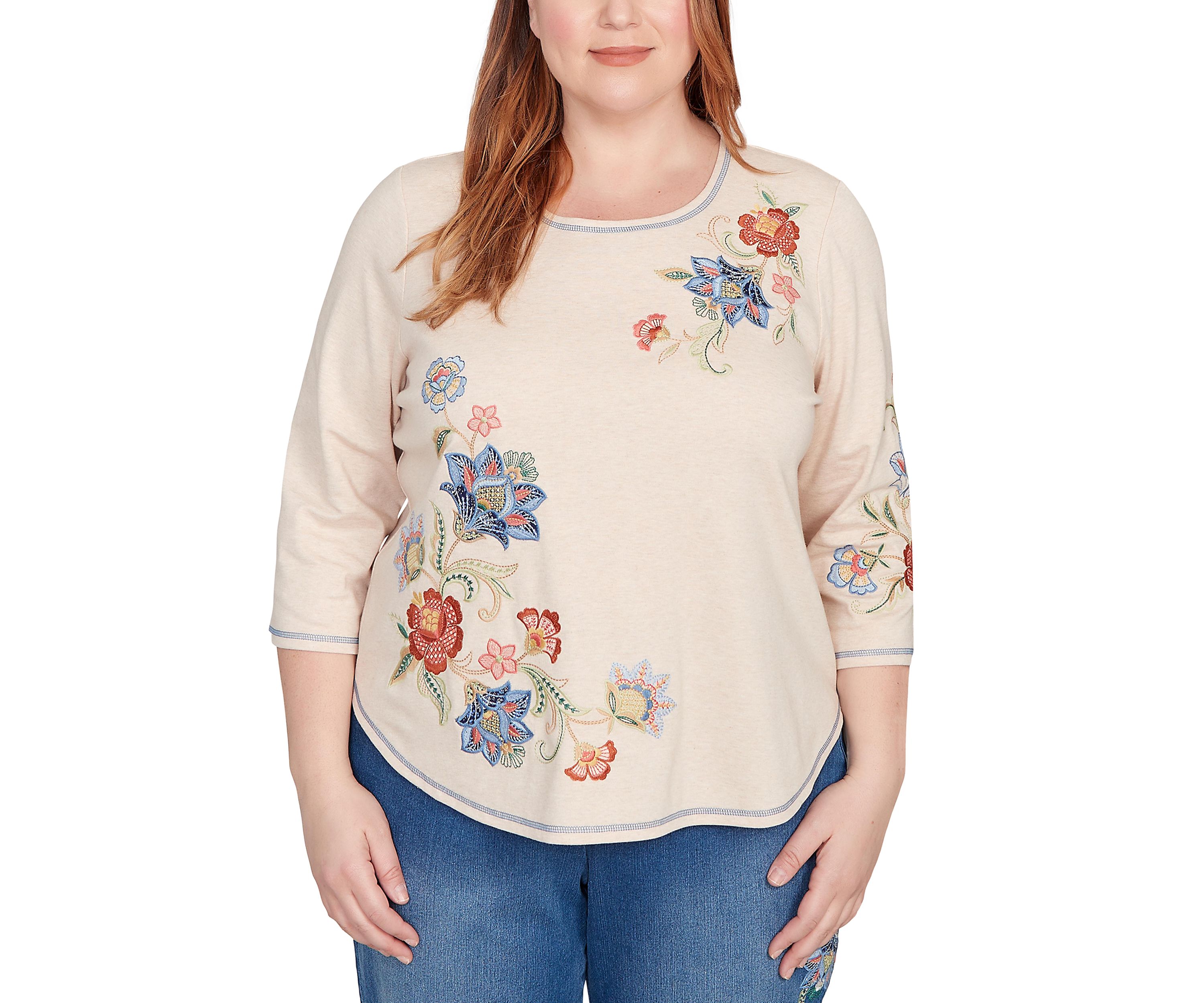 Plus Size El Paso Asymmetric Flower Embroidery Top 
