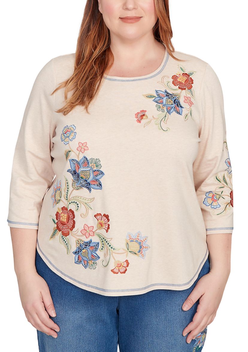 Plus Size El Paso Asymmetric Flower Embroidery Top 