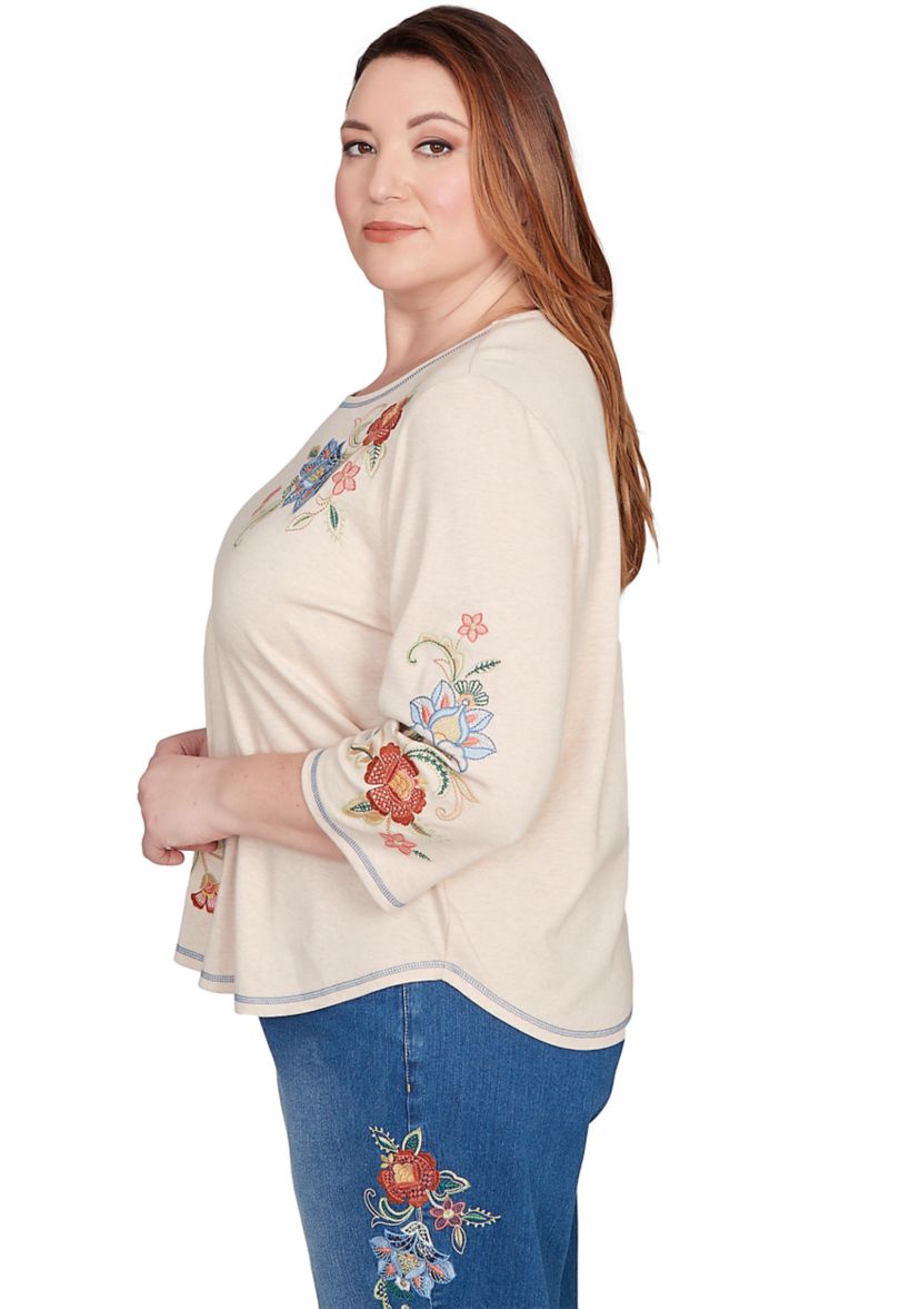 Plus Size El Paso Asymmetric Flower Embroidery Top 