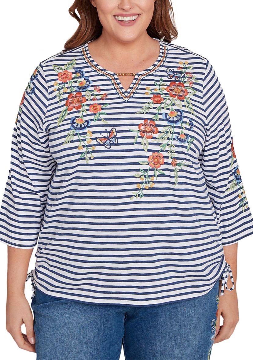 Plus Size El Paso Floral Yoke Stripe Top 