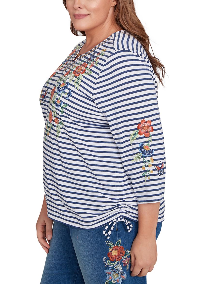 Plus Size El Paso Floral Yoke Stripe Top 