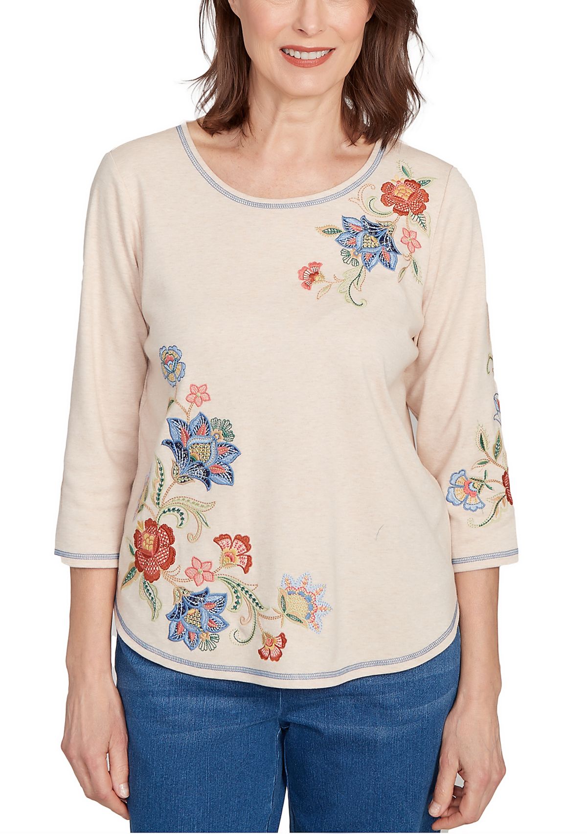 Petite El Paso Asymmetric Flower Embroidery Top