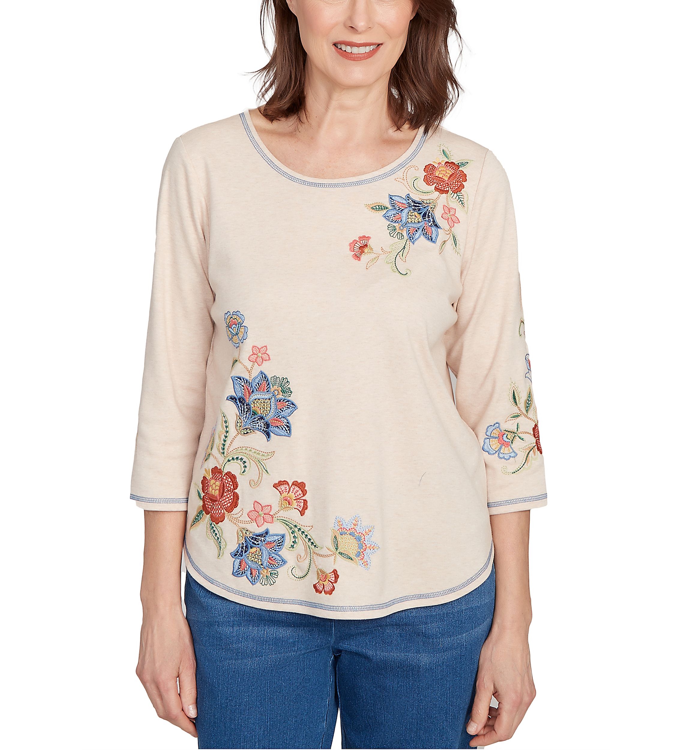 Petite El Paso Asymmetric Flower Embroidery Top
