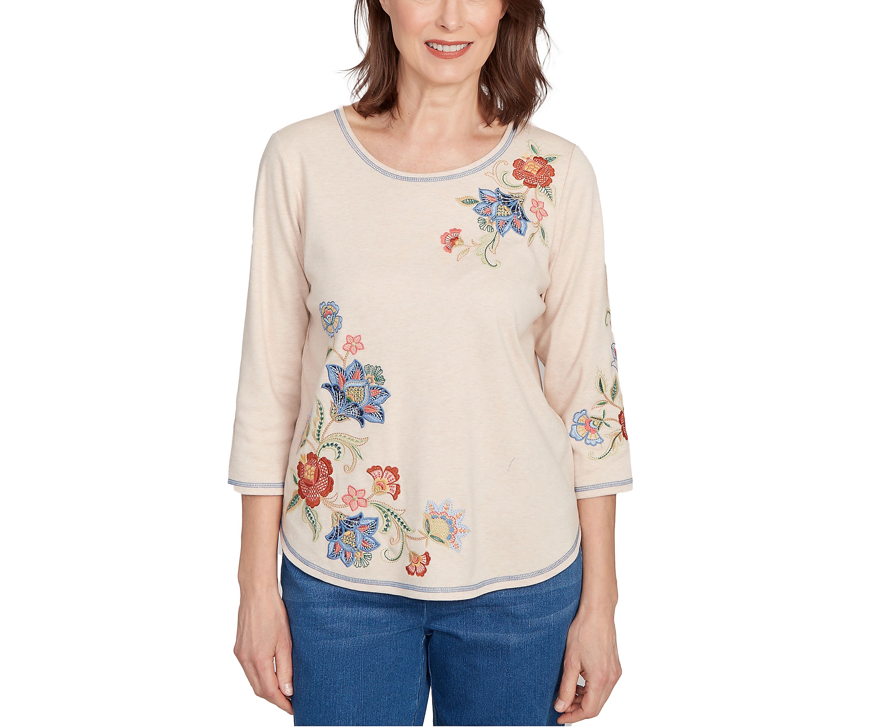 Petite El Paso Asymmetric Flower Embroidery Top