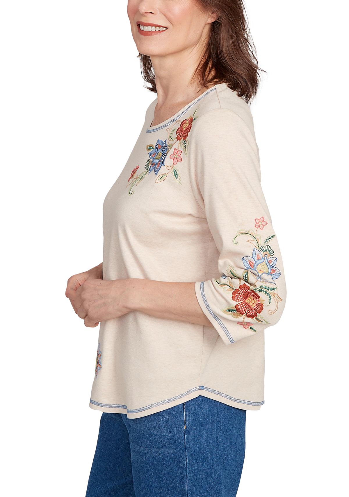 Petite El Paso Asymmetric Flower Embroidery Top