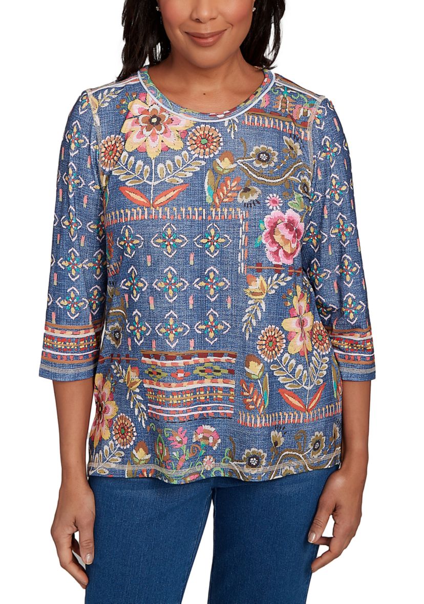 Petite El Paso Denim Floral Patch Top 