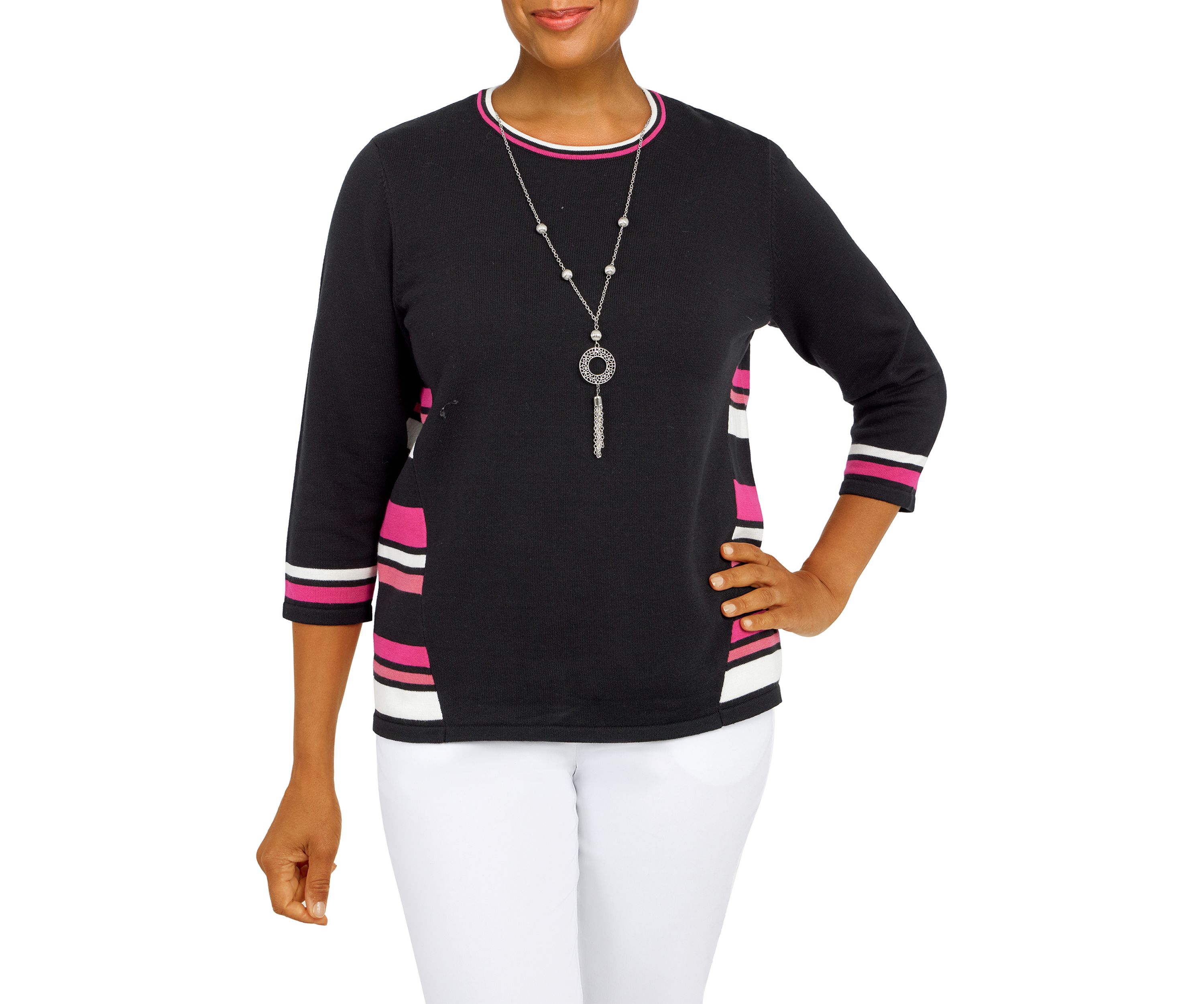 Womens Theater District  Crewneck Spliced Stripe Sweater With Detachable  Necklace