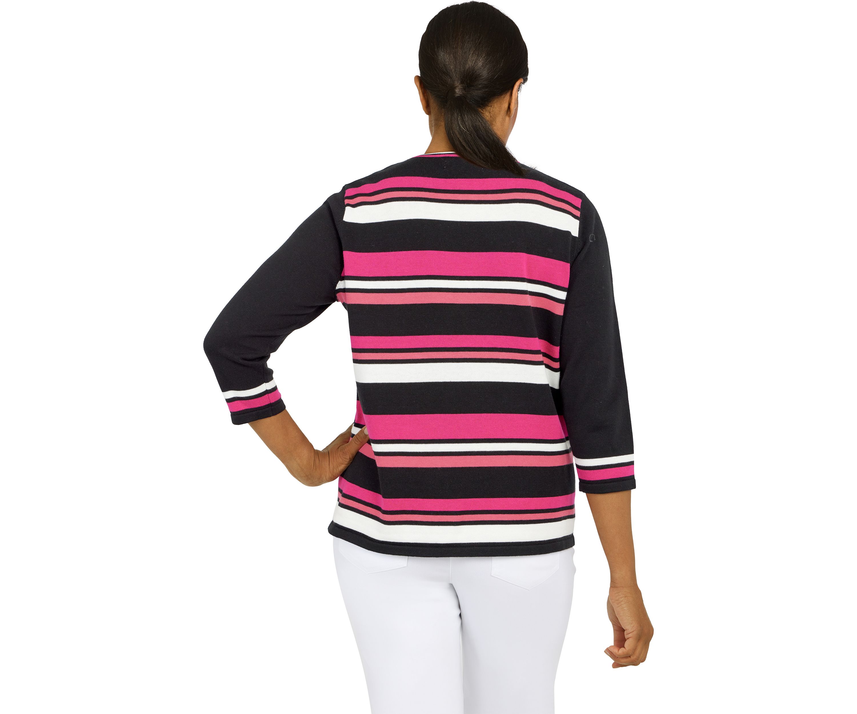 Womens Theater District  Crewneck Spliced Stripe Sweater With Detachable  Necklace