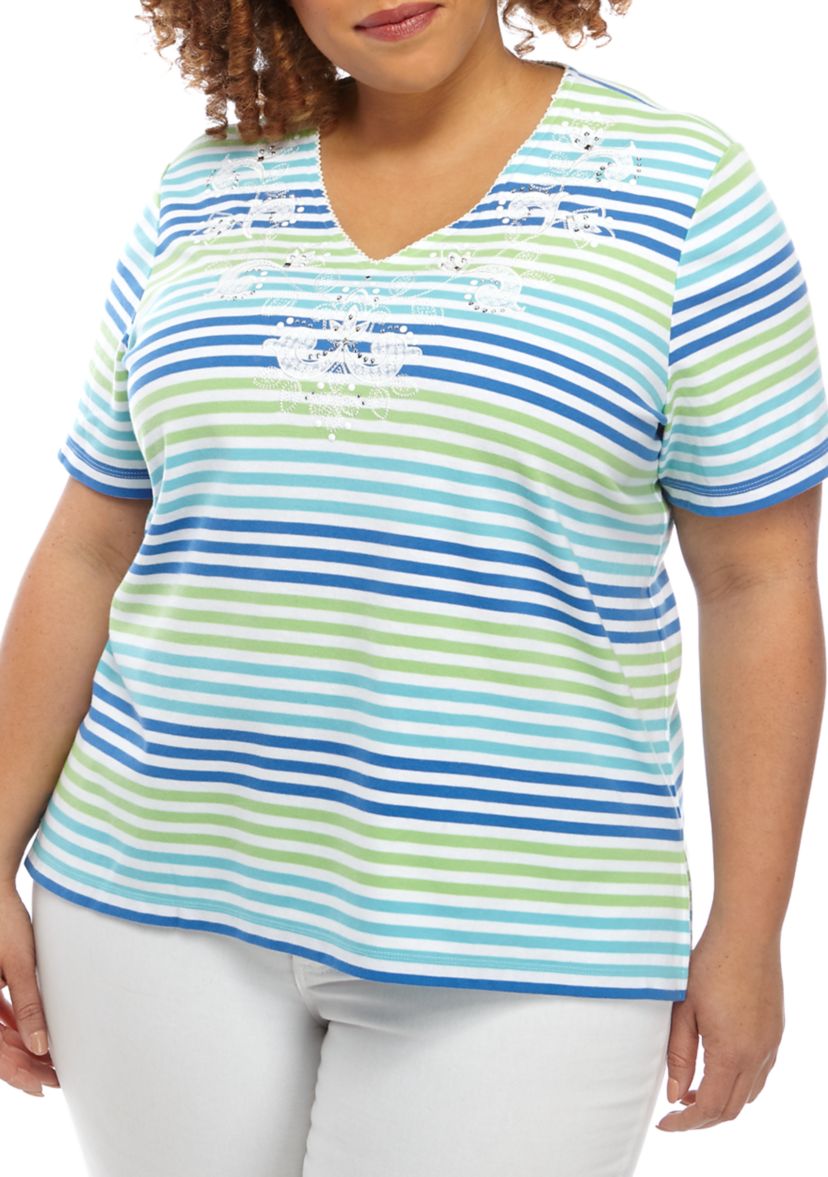 Plus Size Short Sleeve Multi Stripe Floral T-Shirt 