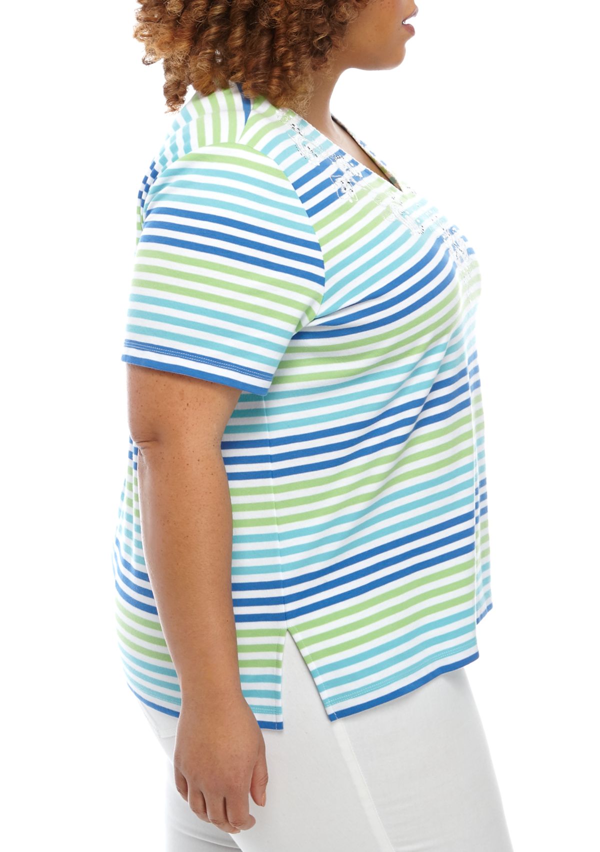 Plus Size Short Sleeve Multi Stripe Floral T-Shirt 