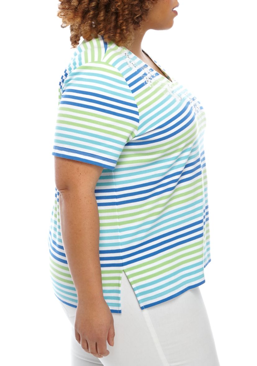 Plus Size Short Sleeve Multi Stripe Floral T-Shirt 