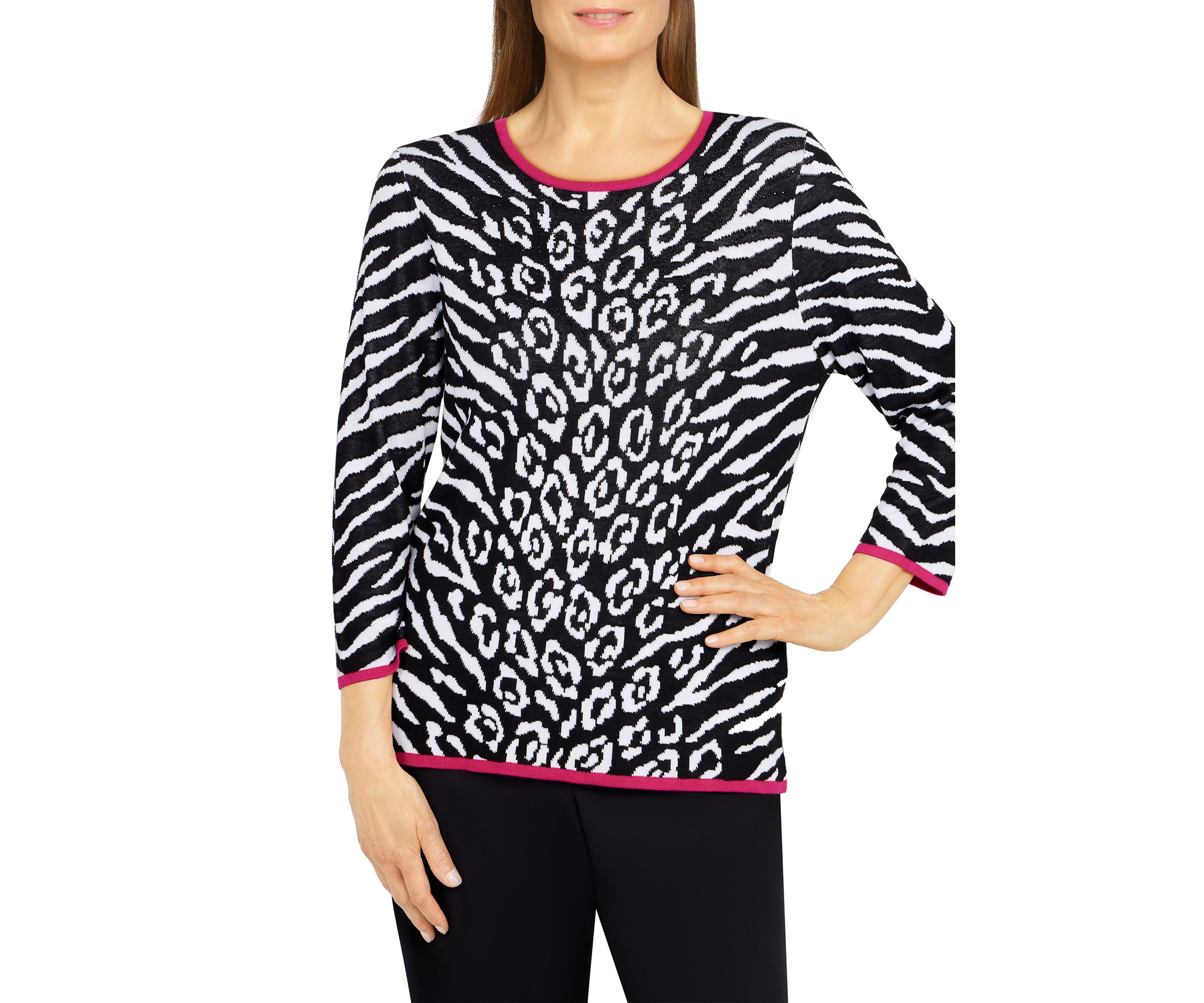 Petite Theater District Crew Neck 3/4 Sleeve Animal Jacquard Sweater