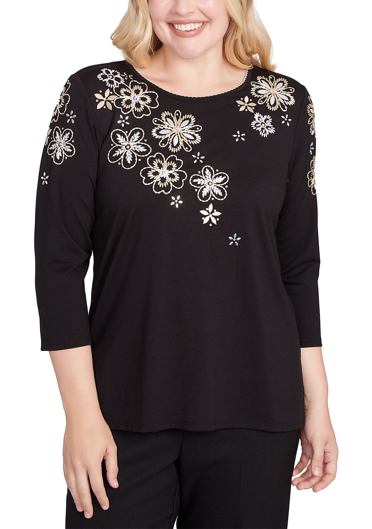 Womens Business As Usual Embroidered Floral Yoke Top