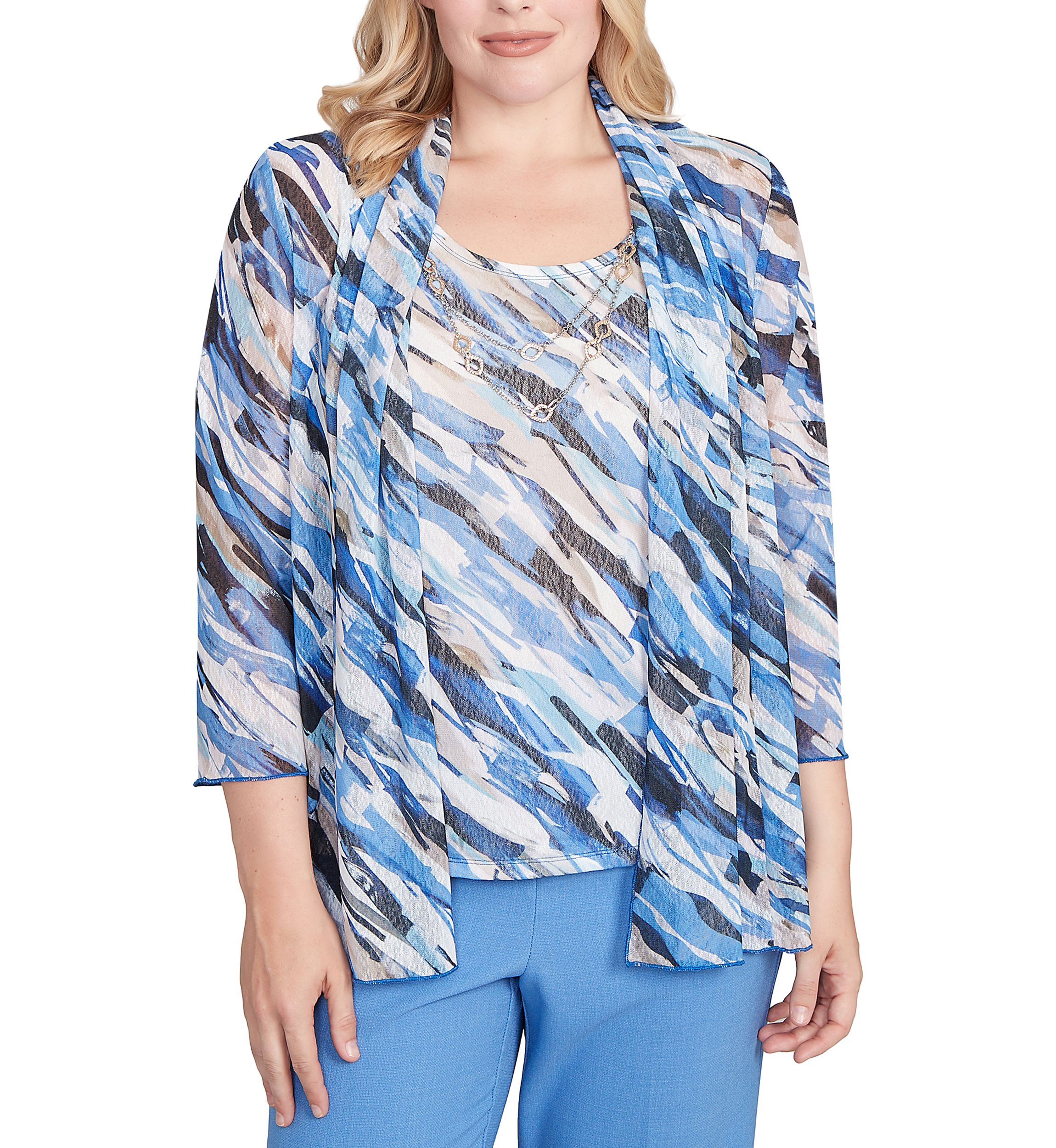 Petite Business As Usual Texture Mesh Print Two In One Top