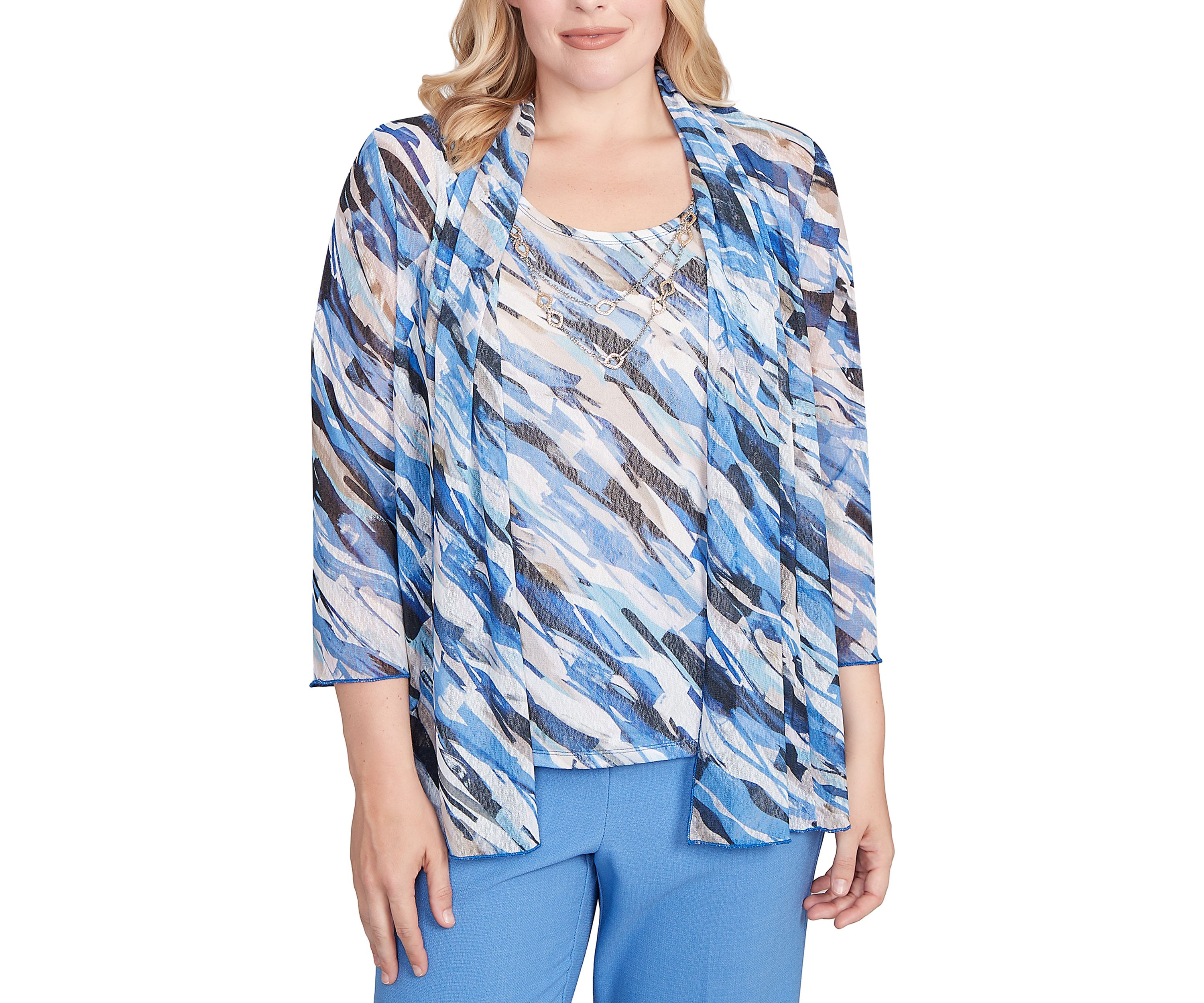 Petite Business As Usual Texture Mesh Print Two In One Top