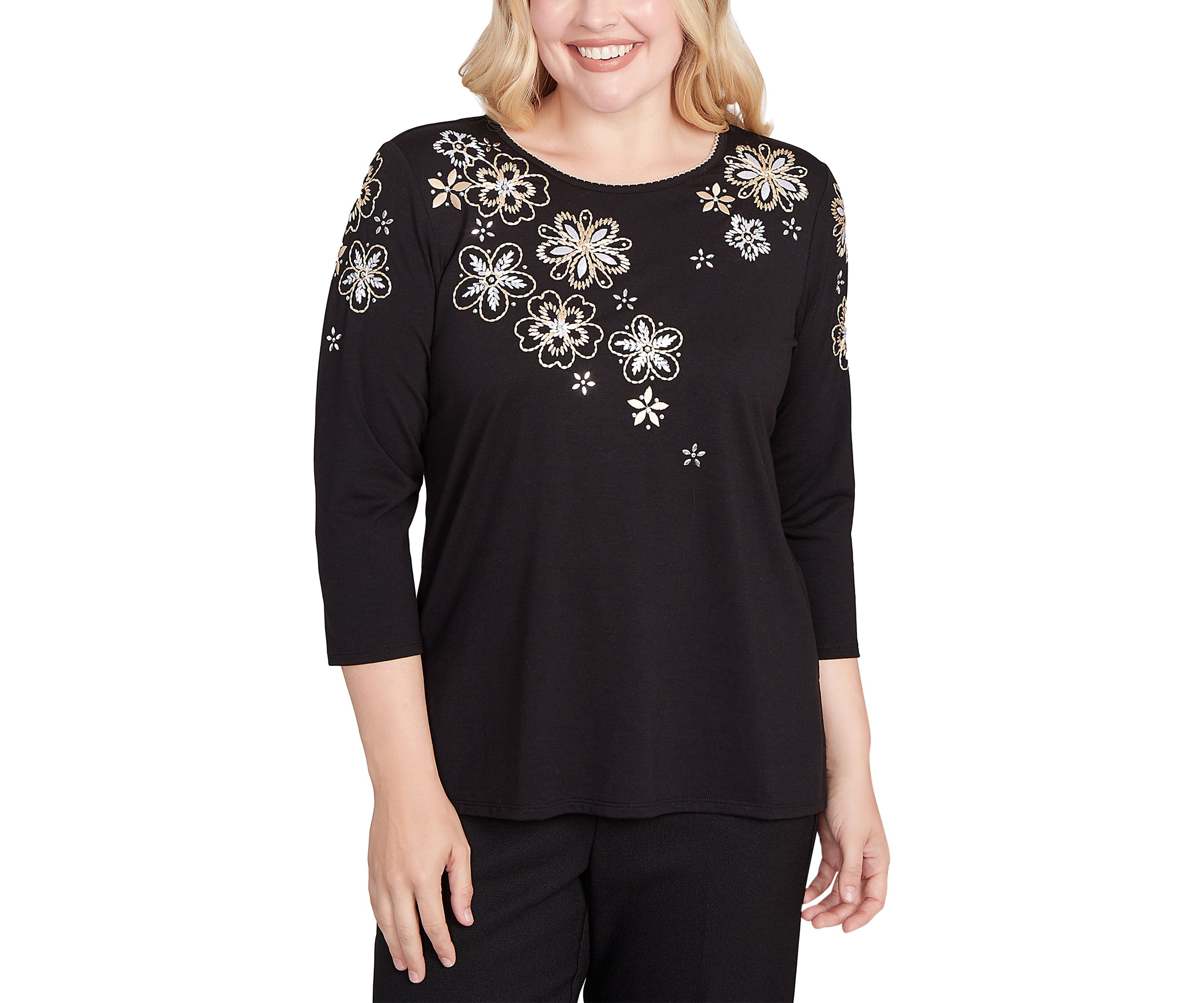 Petite Business As Usual Embroidered Floral Yoke Top 