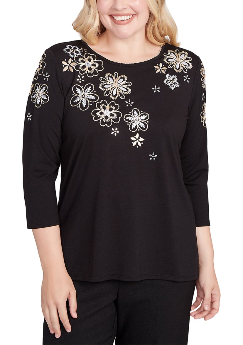 Petite Business As Usual Embroidered Floral Yoke Top 