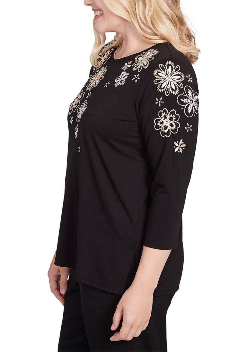 Petite Business As Usual Embroidered Floral Yoke Top 