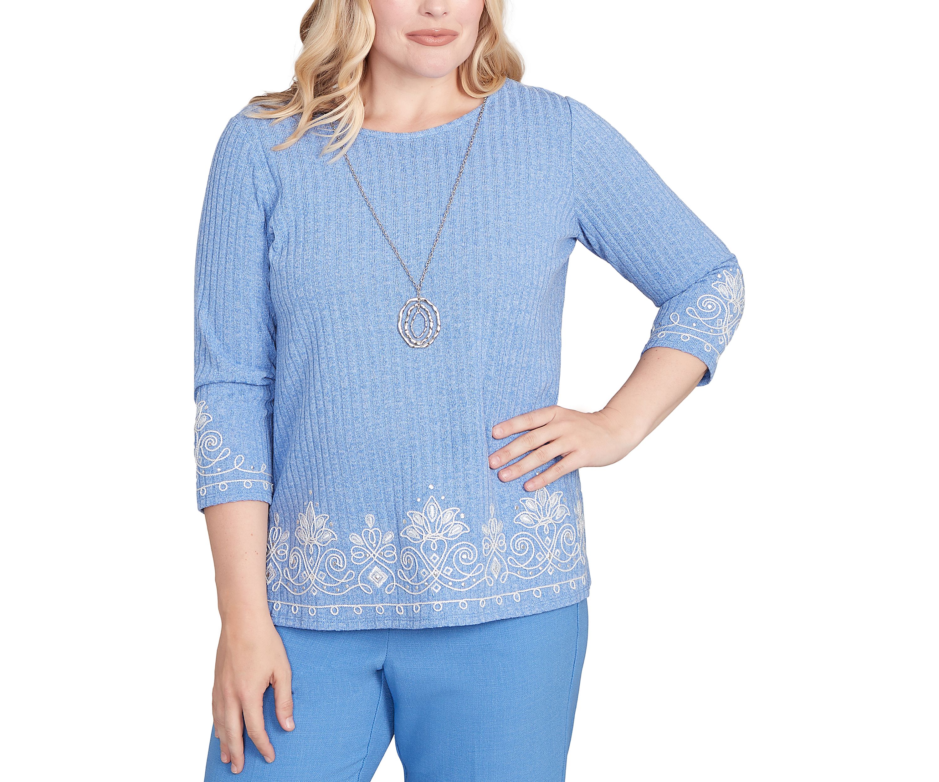 Petite Business As Usual Border Medallion Embroidery Top 