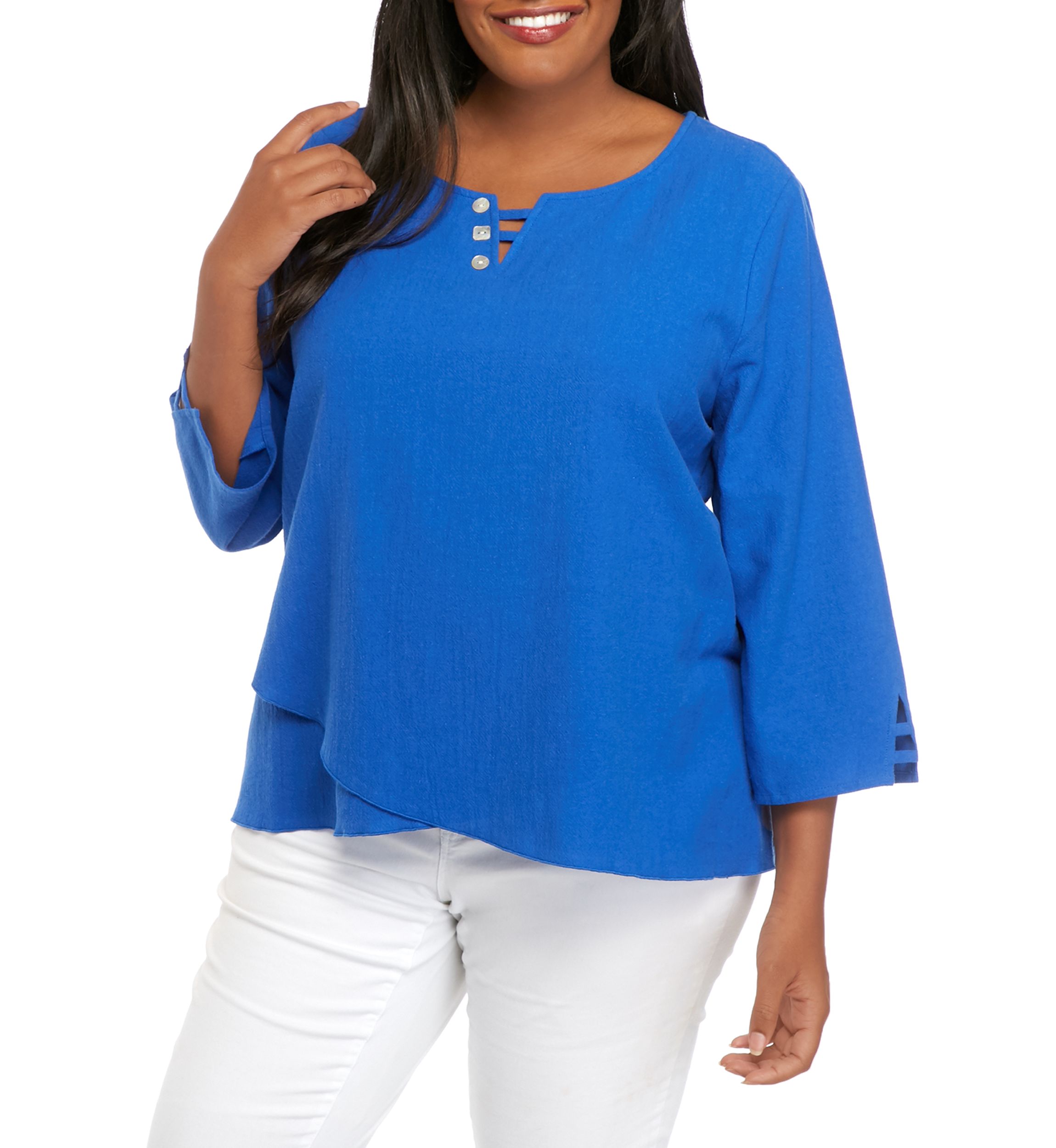 Plus Size 3/4 Sleeve Button Trim Top