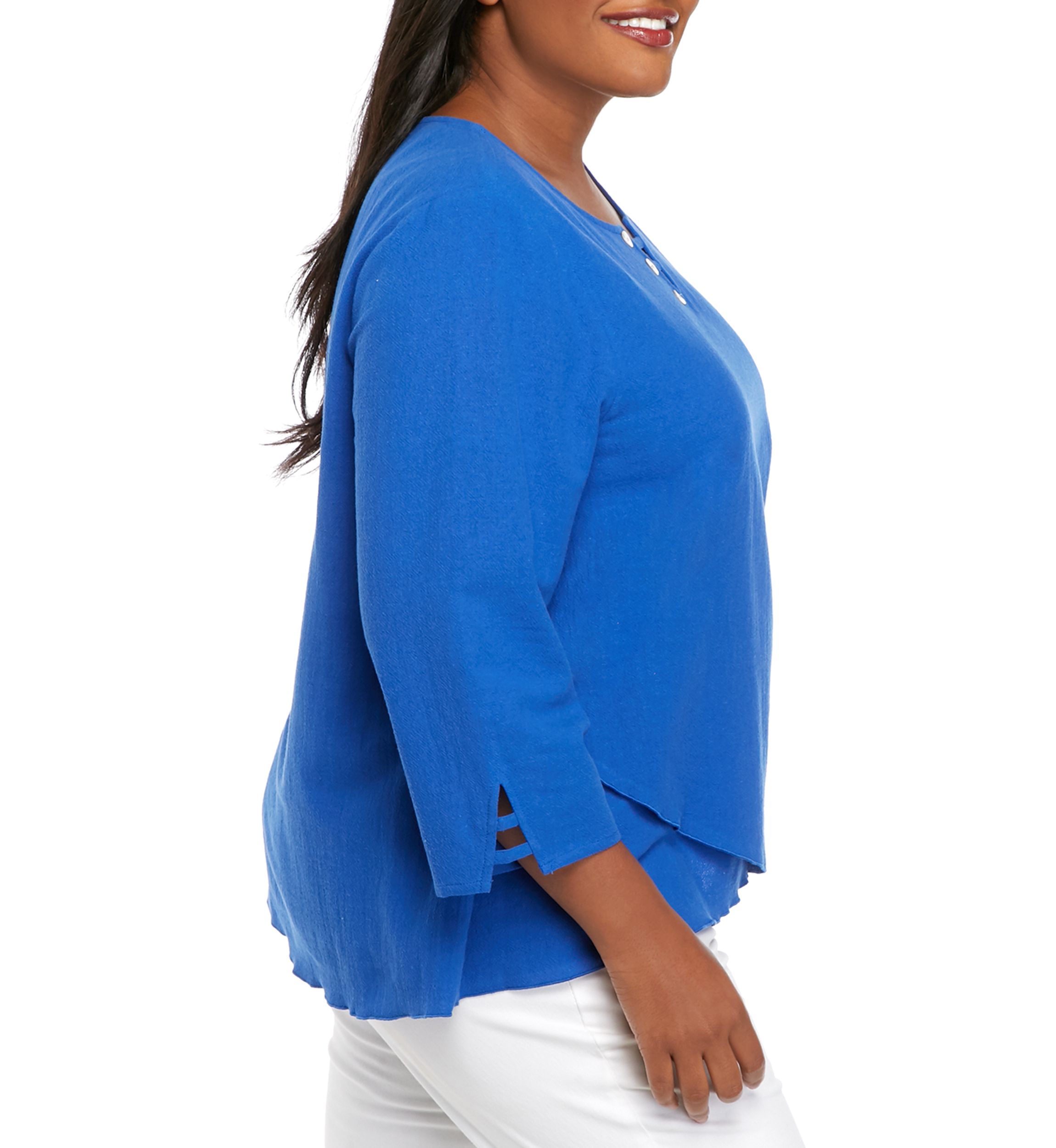 Plus Size 3/4 Sleeve Button Trim Top