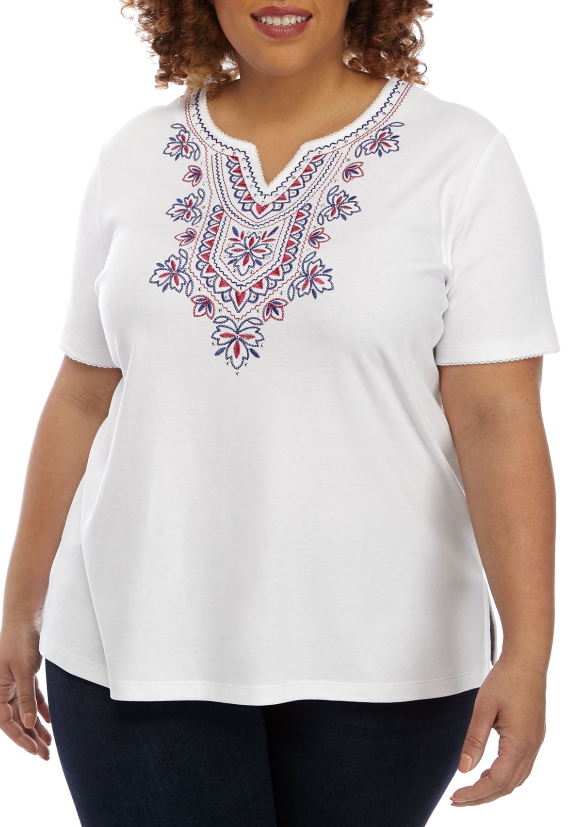 Plus Size Short Sleeve Embroidered Yoke T-Shirt 