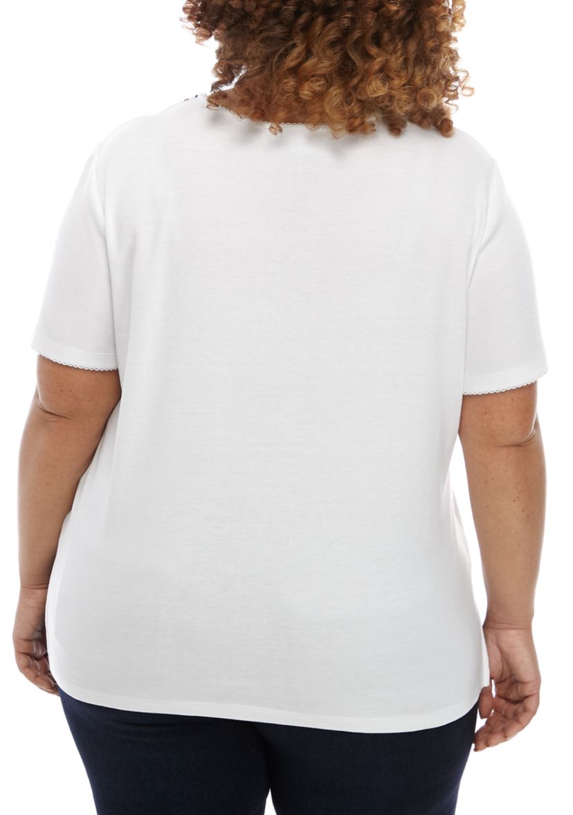 Plus Size Short Sleeve Embroidered Yoke T-Shirt 