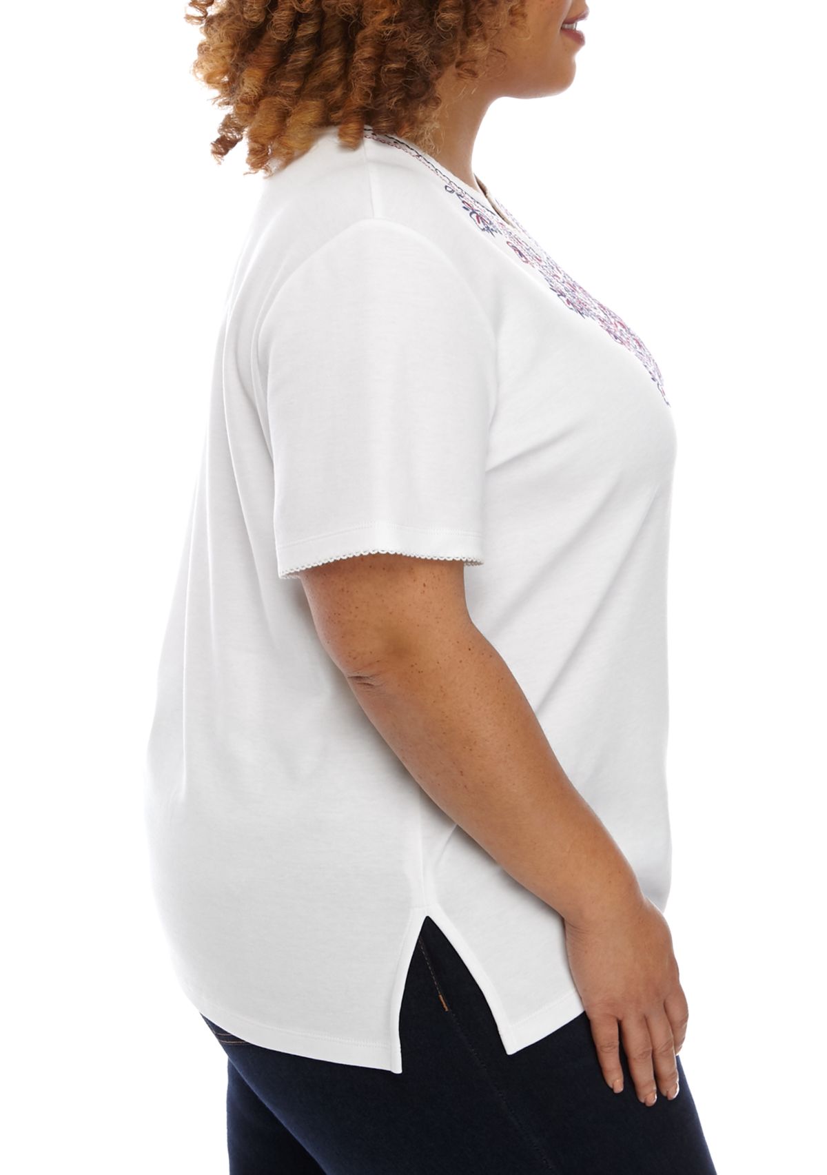 Plus Size Short Sleeve Embroidered Yoke T-Shirt 