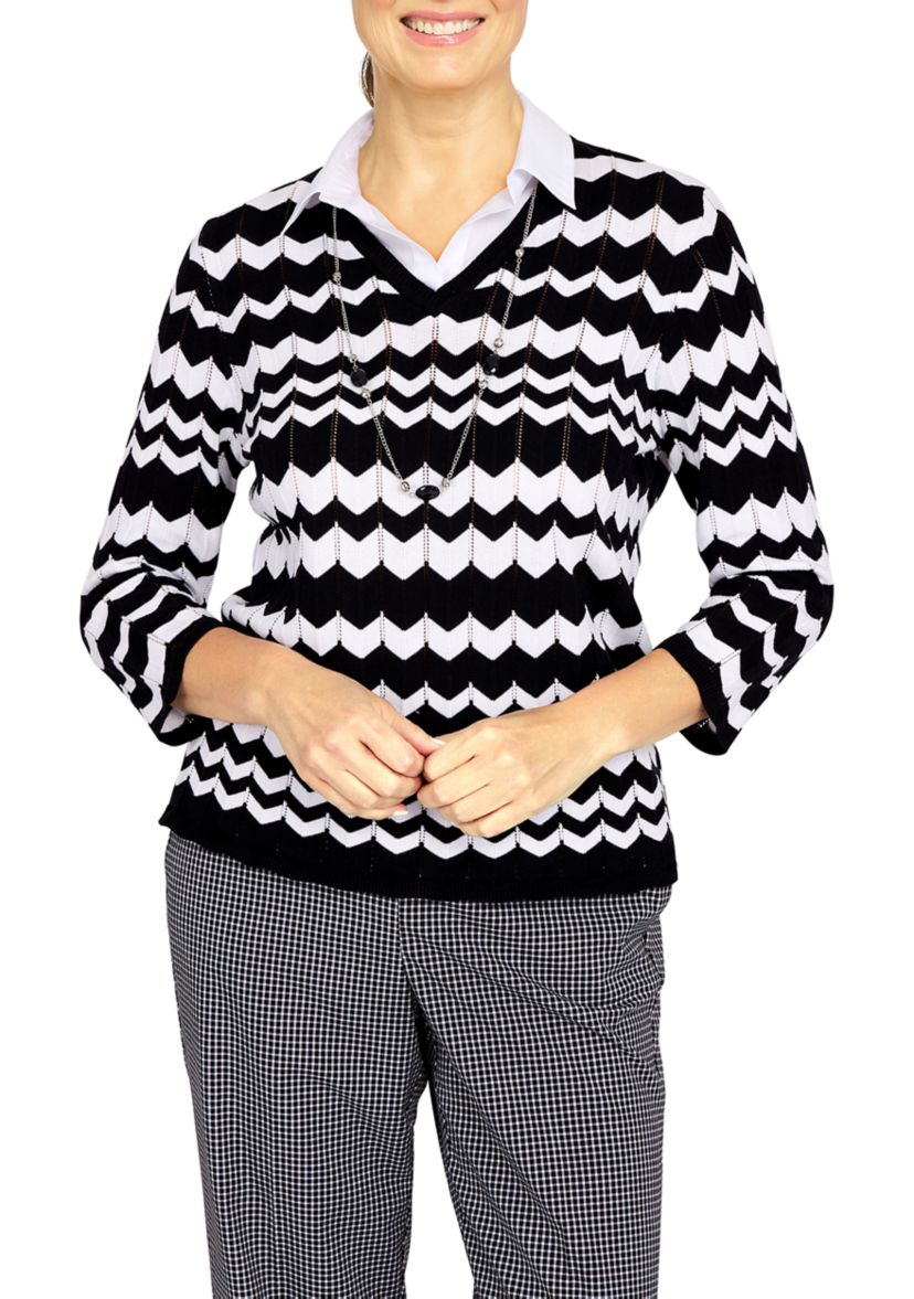 Petite Zig Zag Sweater with Woven Trim