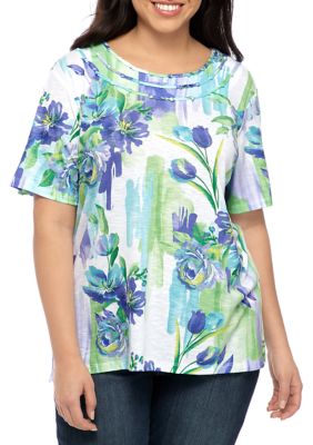 Alfred Dunner Plus Size Short Sleeve Brushstroke Floral T-Shirt | belk