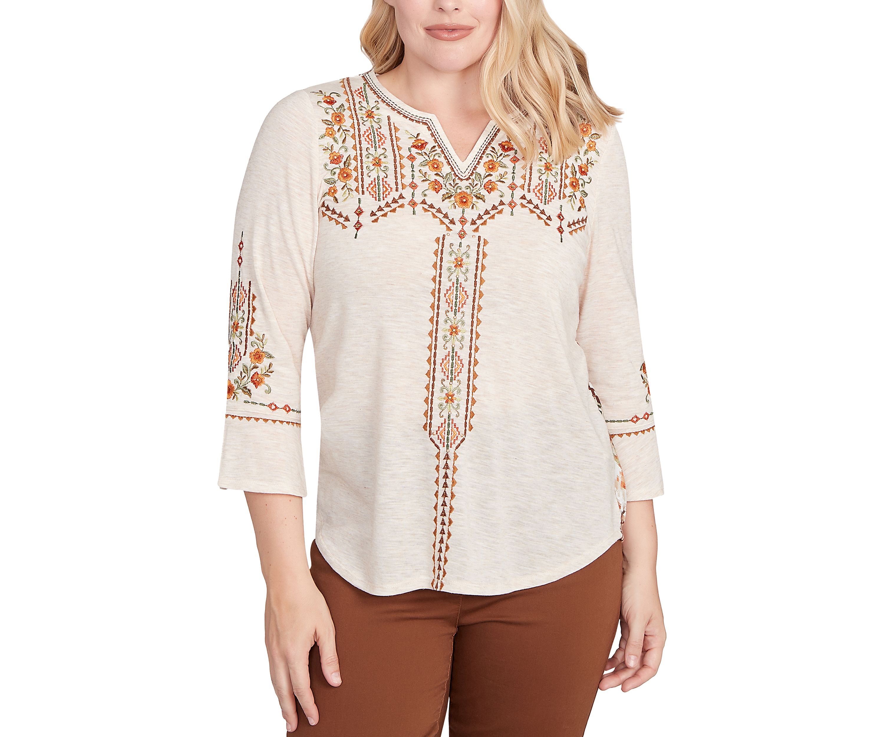 Womens Mount Laurel Geo Floral Embroidery Printed Back Top