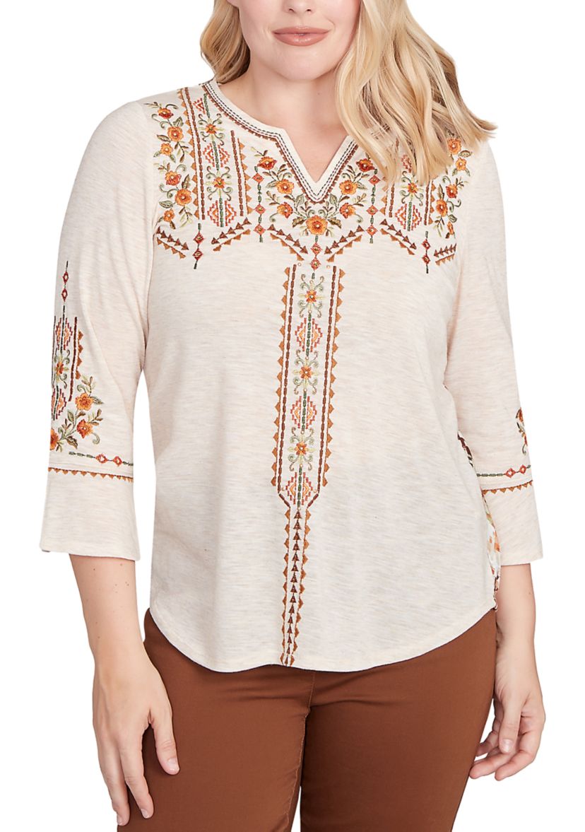 Womens Mount Laurel Geo Floral Embroidery Printed Back Top