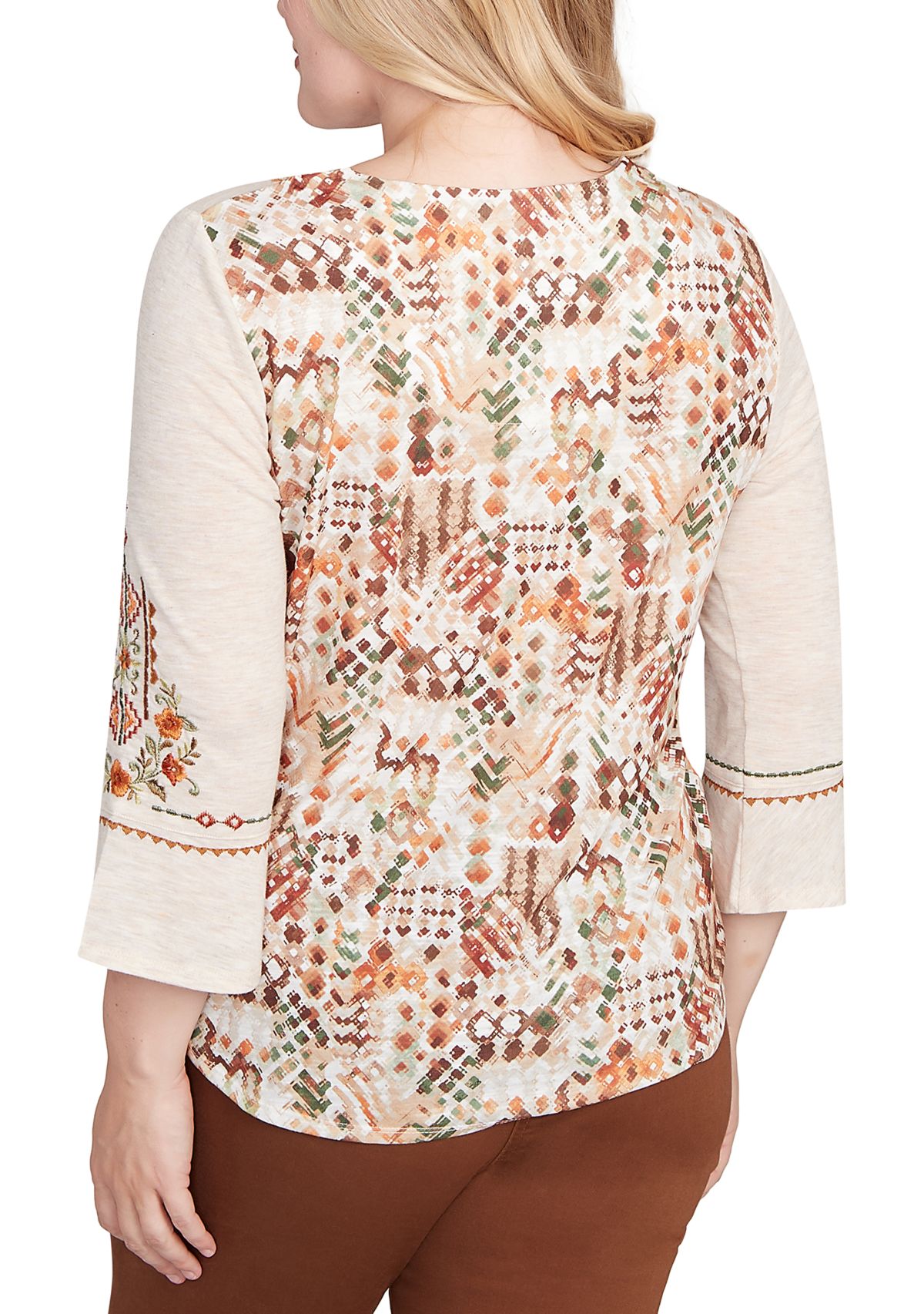 Womens Mount Laurel Geo Floral Embroidery Printed Back Top