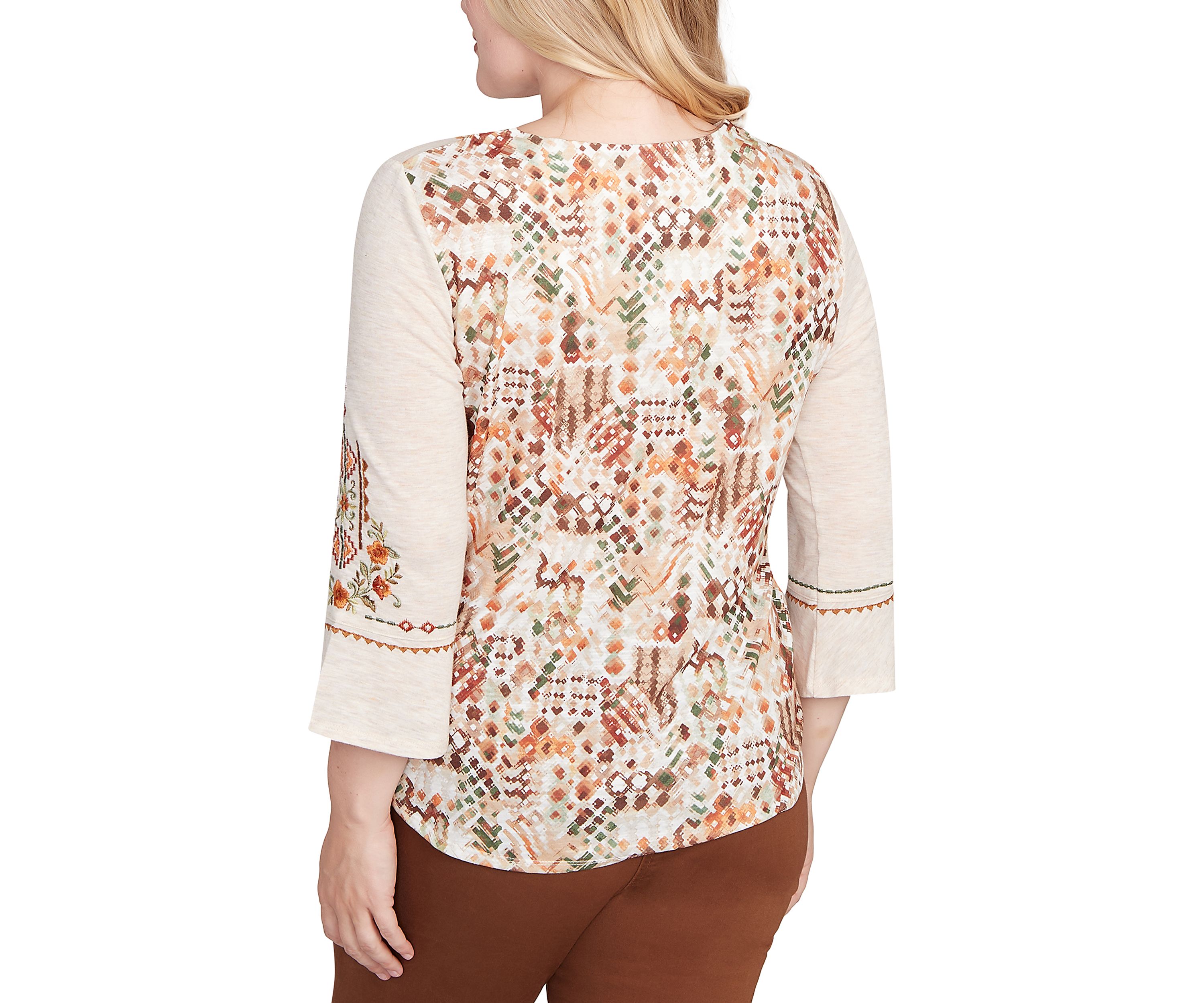 Womens Mount Laurel Geo Floral Embroidery Printed Back Top