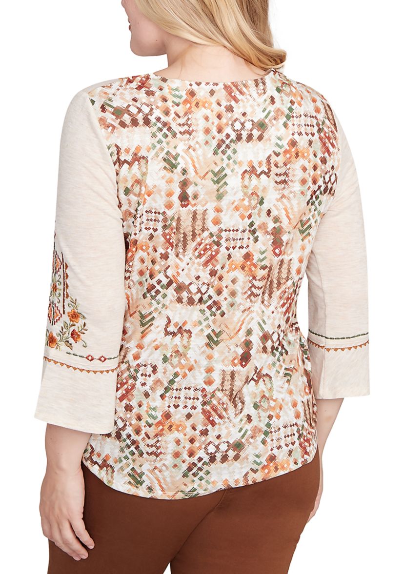 Womens Mount Laurel Geo Floral Embroidery Printed Back Top